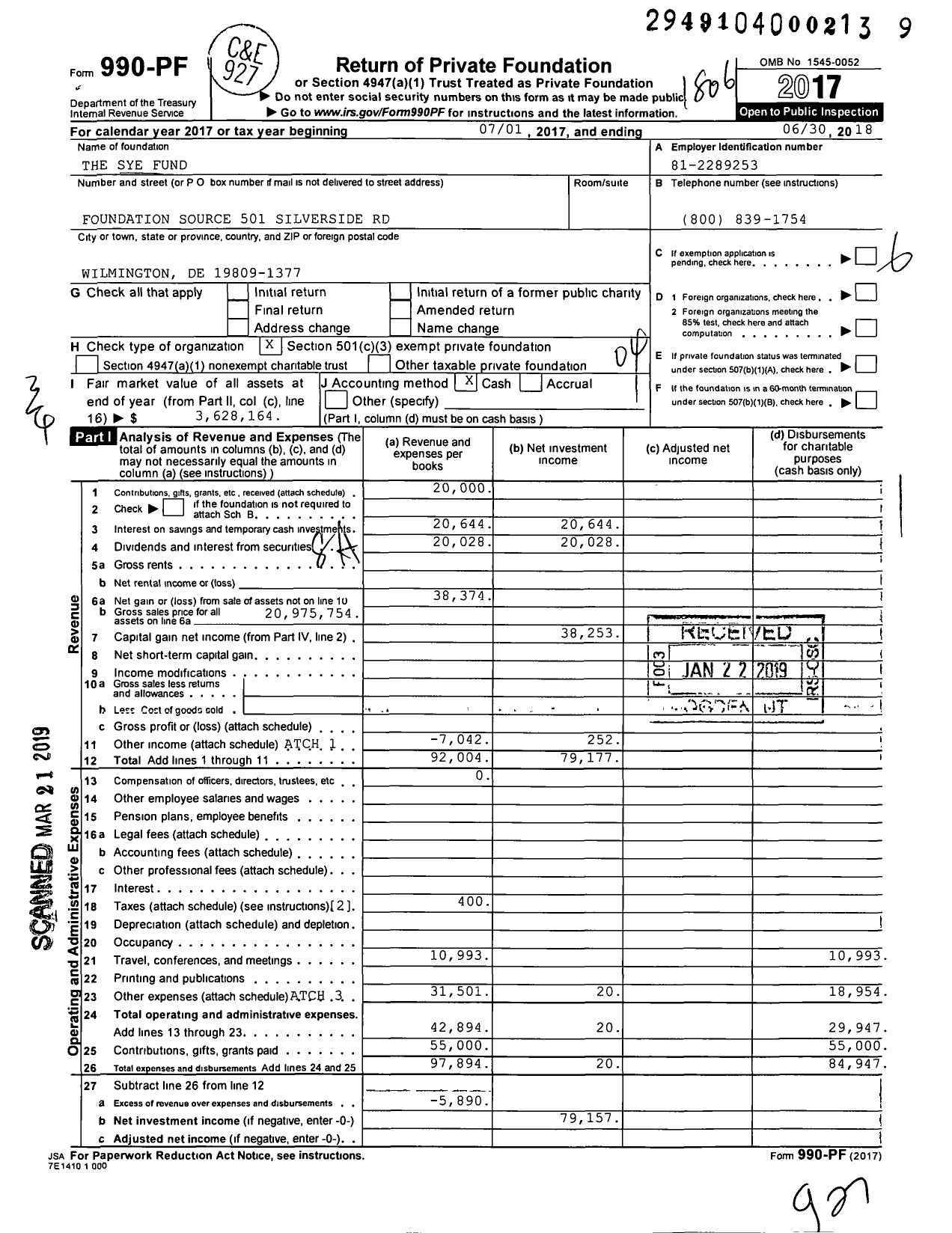 Image of first page of 2017 Form 990PF for The Sye Fund