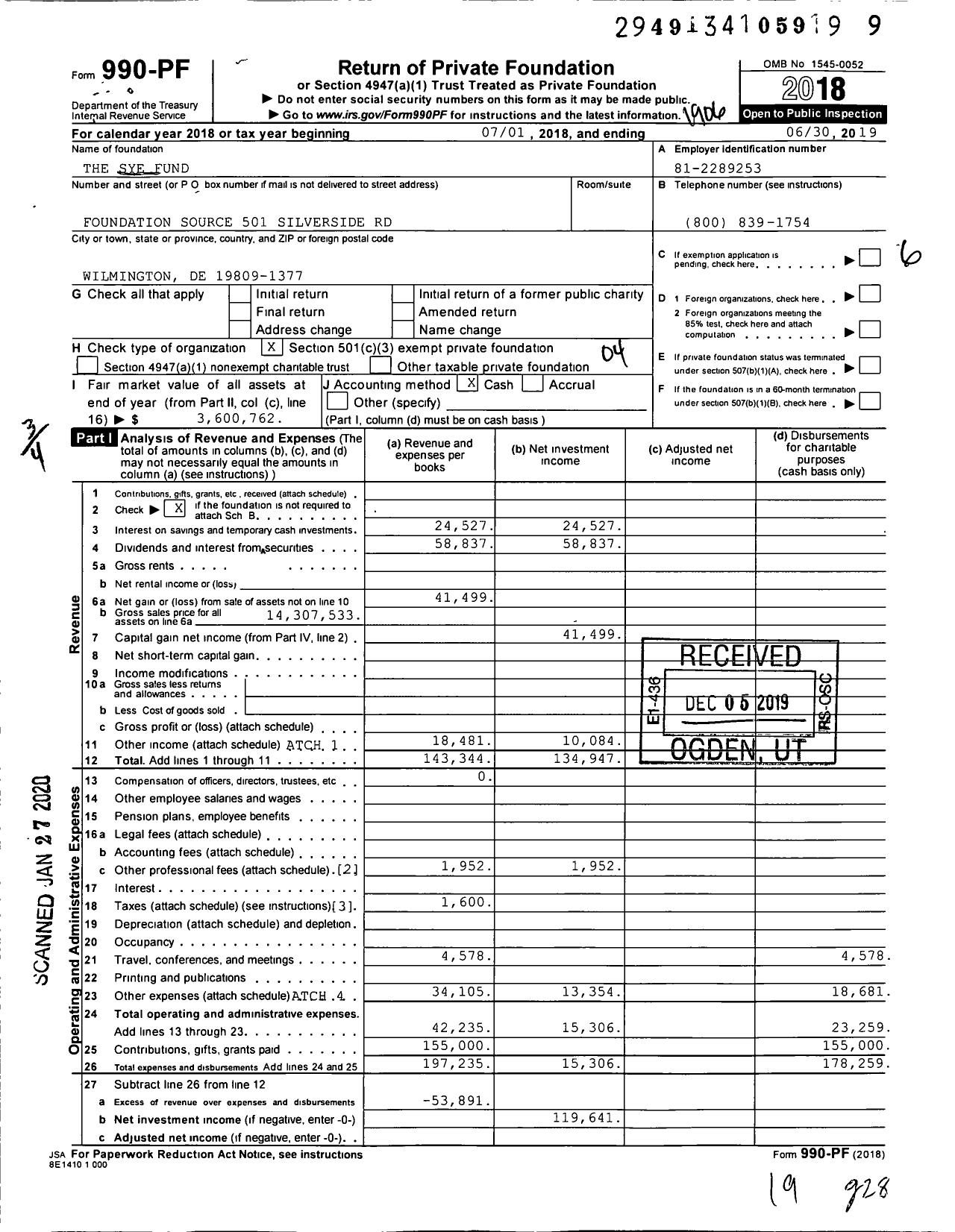 Image of first page of 2018 Form 990PF for The Sye Fund