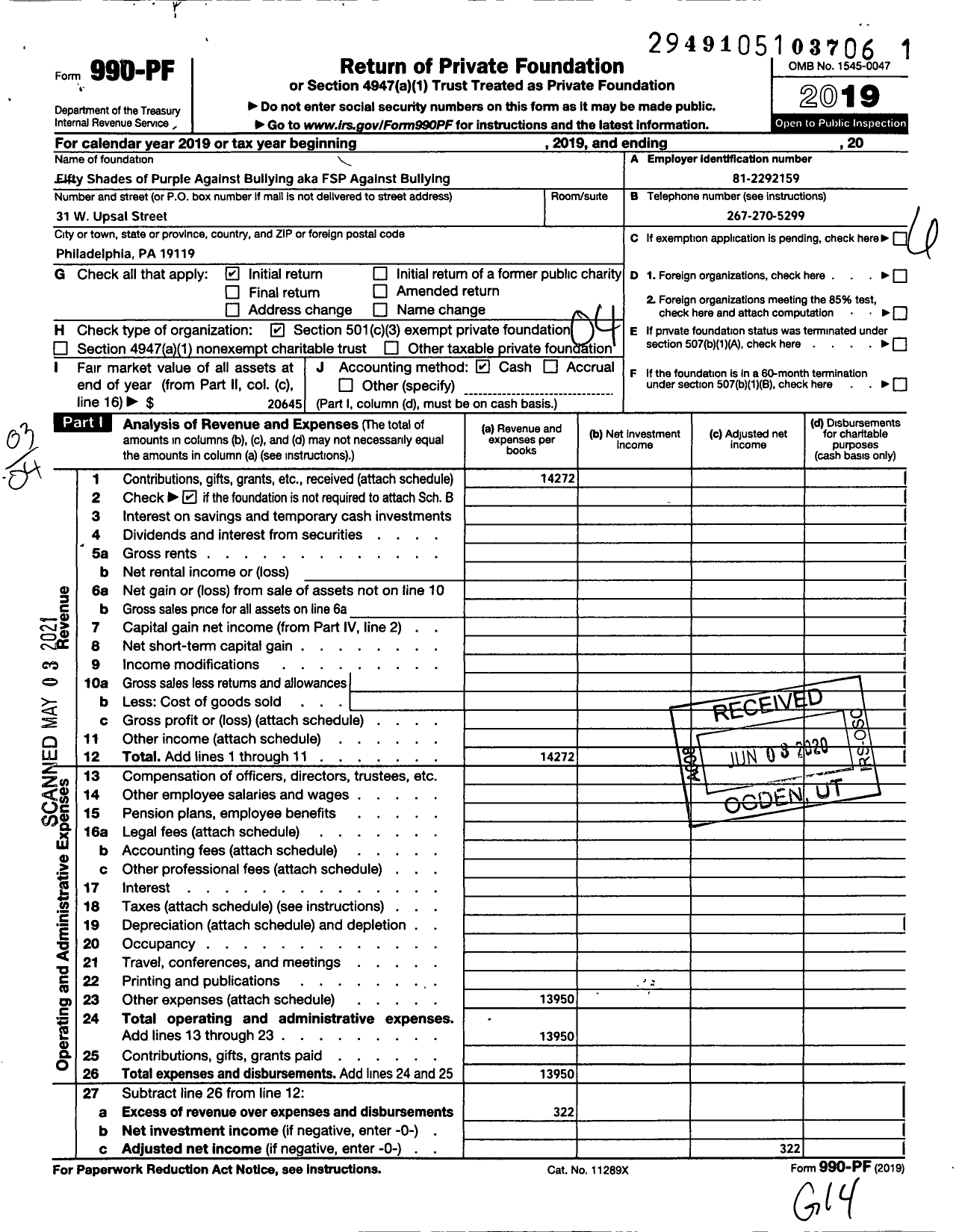 Image of first page of 2019 Form 990PF for Fifty Shades of Purple Against Bullying