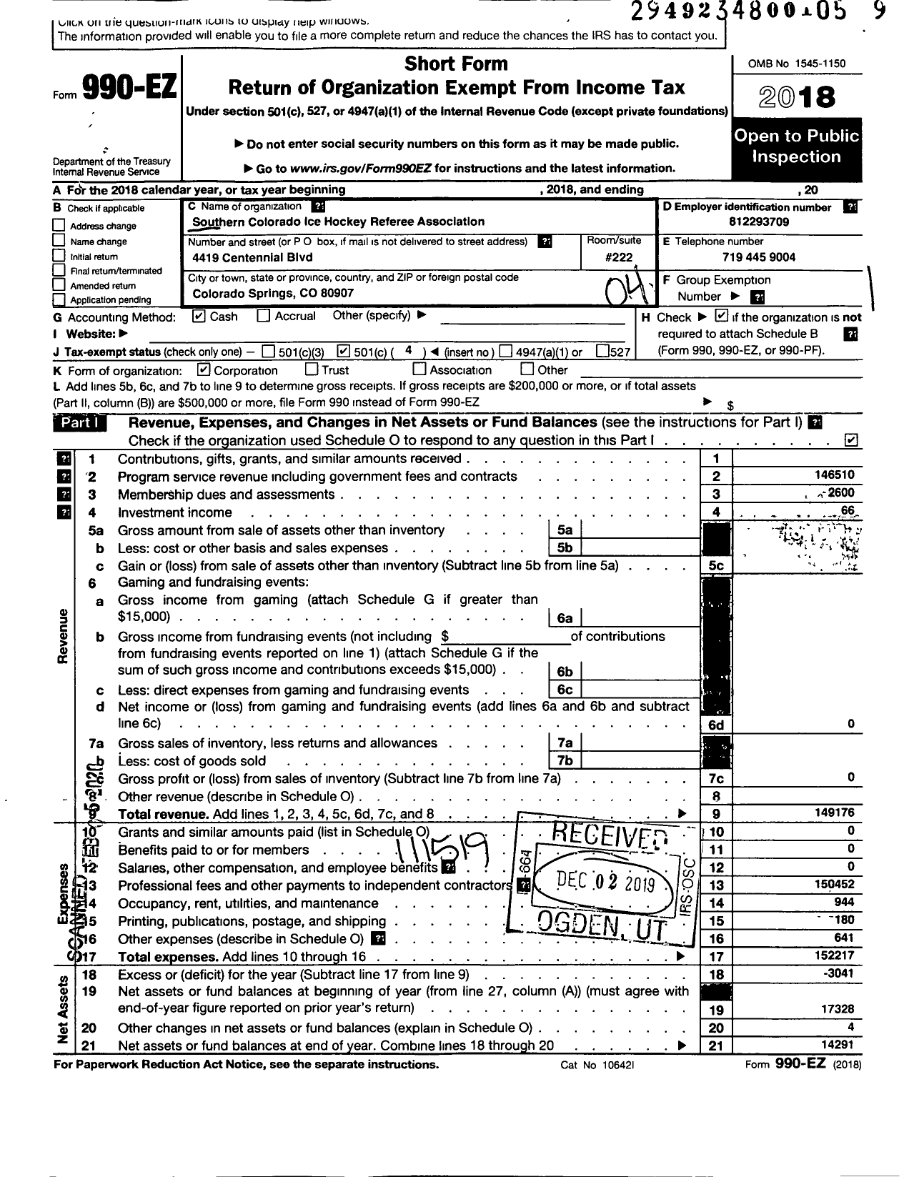 Image of first page of 2018 Form 990EO for Southern Colorado Ice Hockey Referees Association