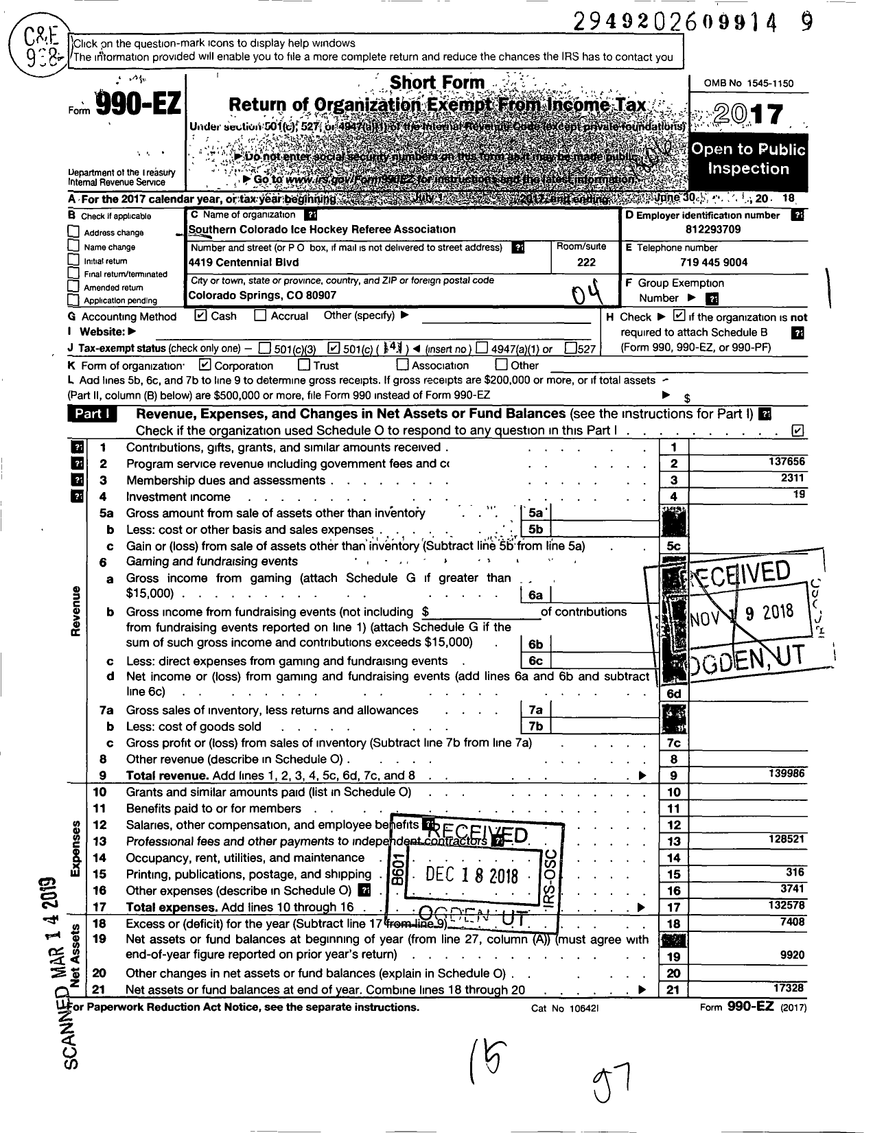 Image of first page of 2017 Form 990EO for Southern Colorado Ice Hockey Referees Association