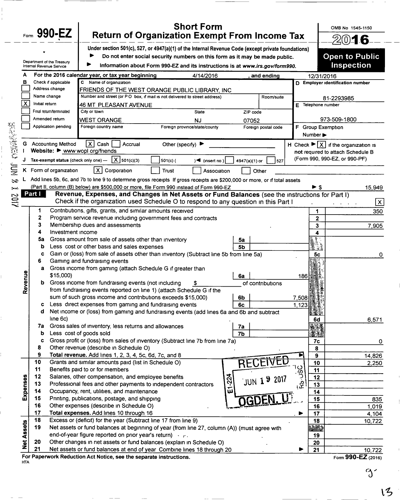 Image of first page of 2016 Form 990EZ for Friends of the West Orange Public Library