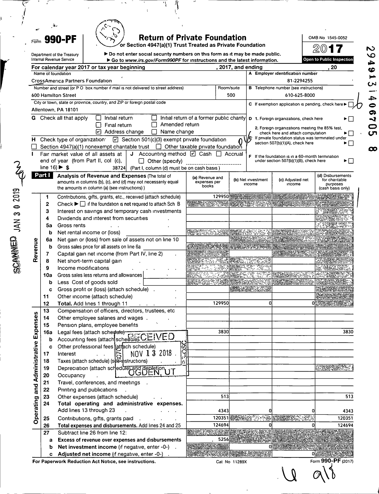 Image of first page of 2017 Form 990PF for CrossAmerica Partners Foundation