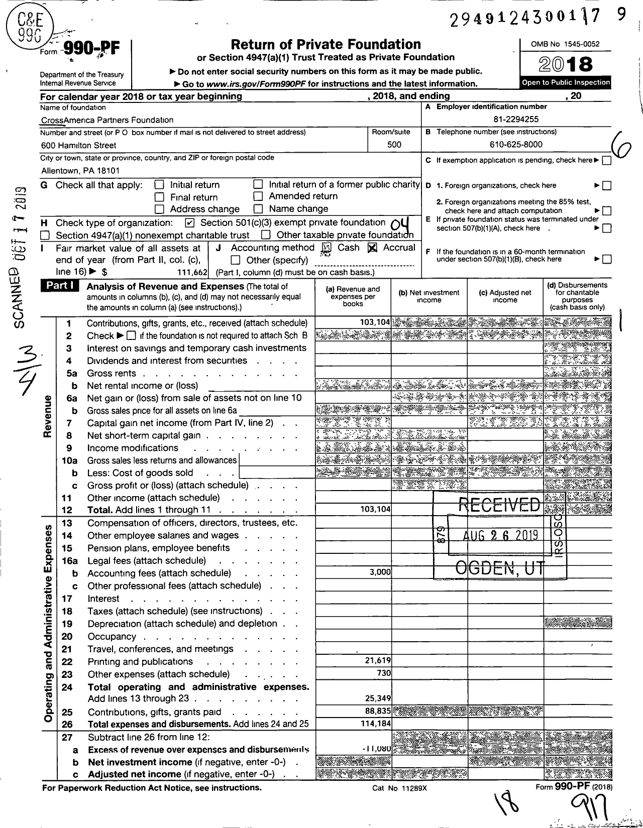 Image of first page of 2018 Form 990PF for CrossAmerica Partners Foundation