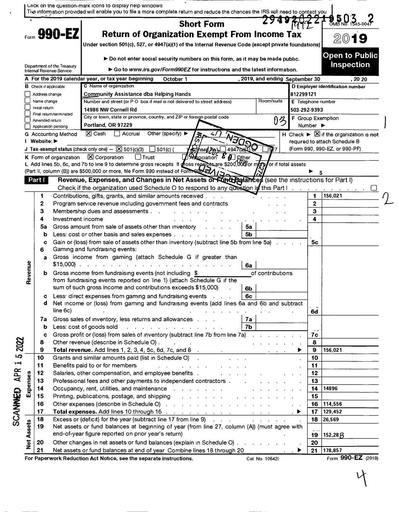 Image of first page of 2019 Form 990EZ for COMMUNITY ASSISTANCE / Helping Hands