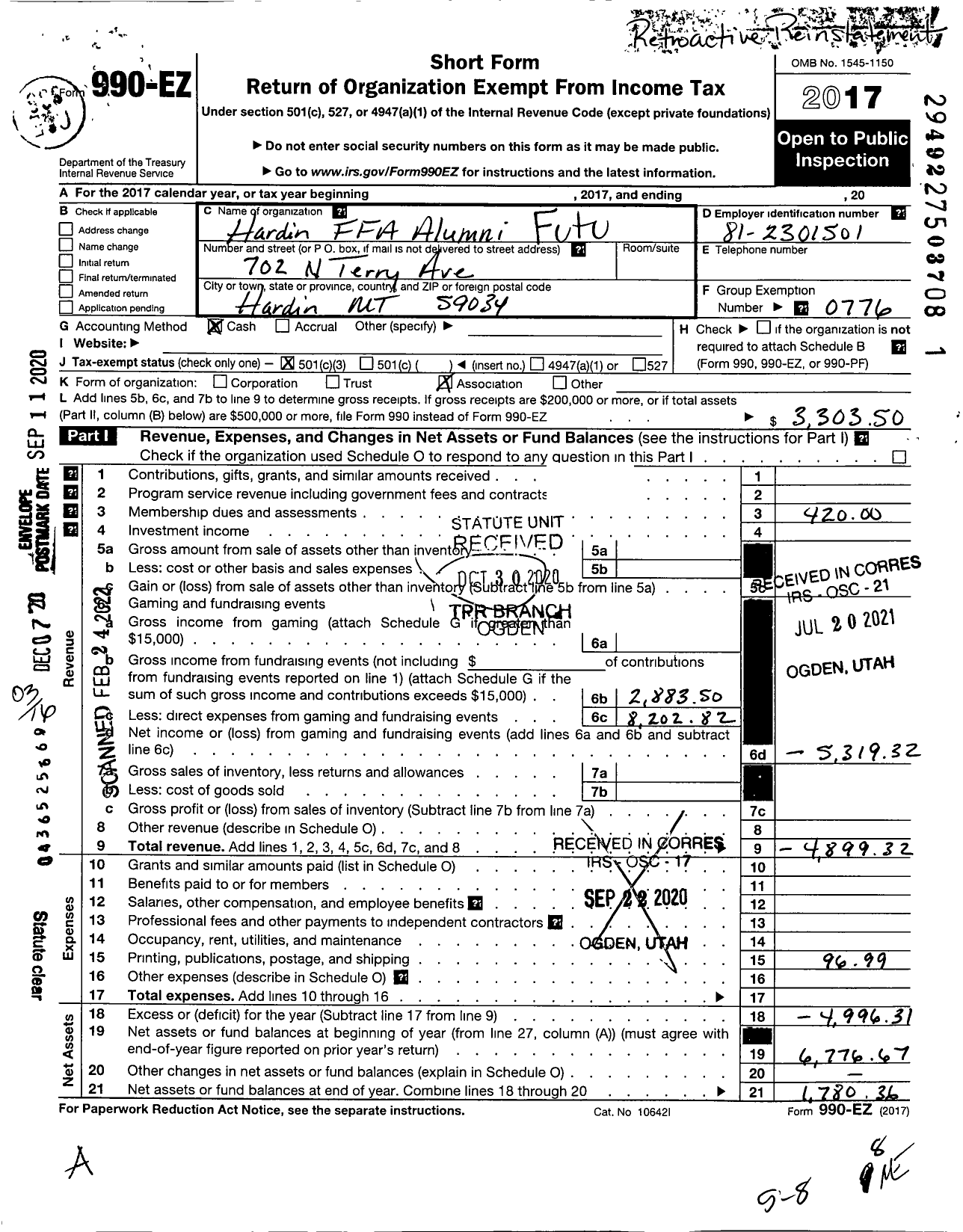 Image of first page of 2017 Form 990EZ for Future Farmers of America State Associations and Local Chapter / Mta0059 Hardin Ffa Alumni