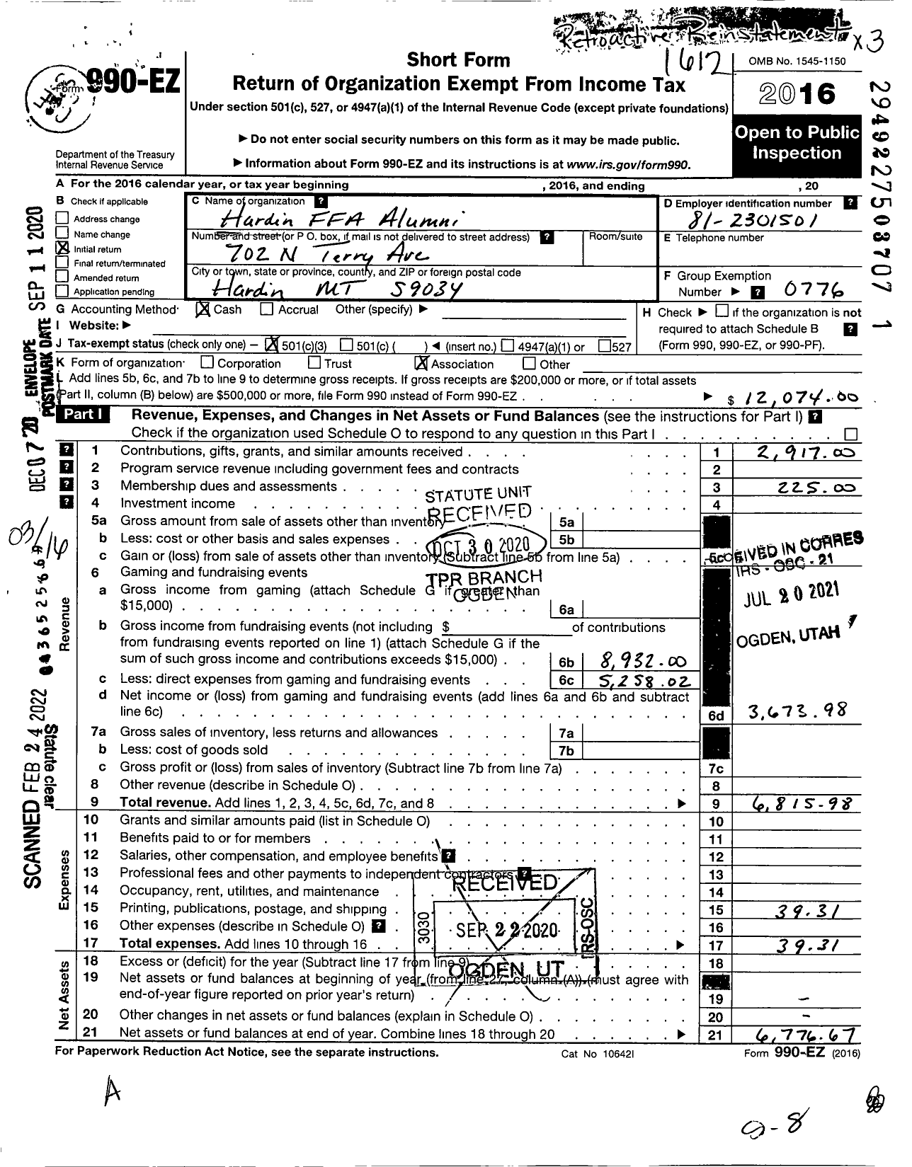 Image of first page of 2016 Form 990EZ for Future Farmers of America State Associations and Local Chapter / Mta0059 Hardin Ffa Alumni