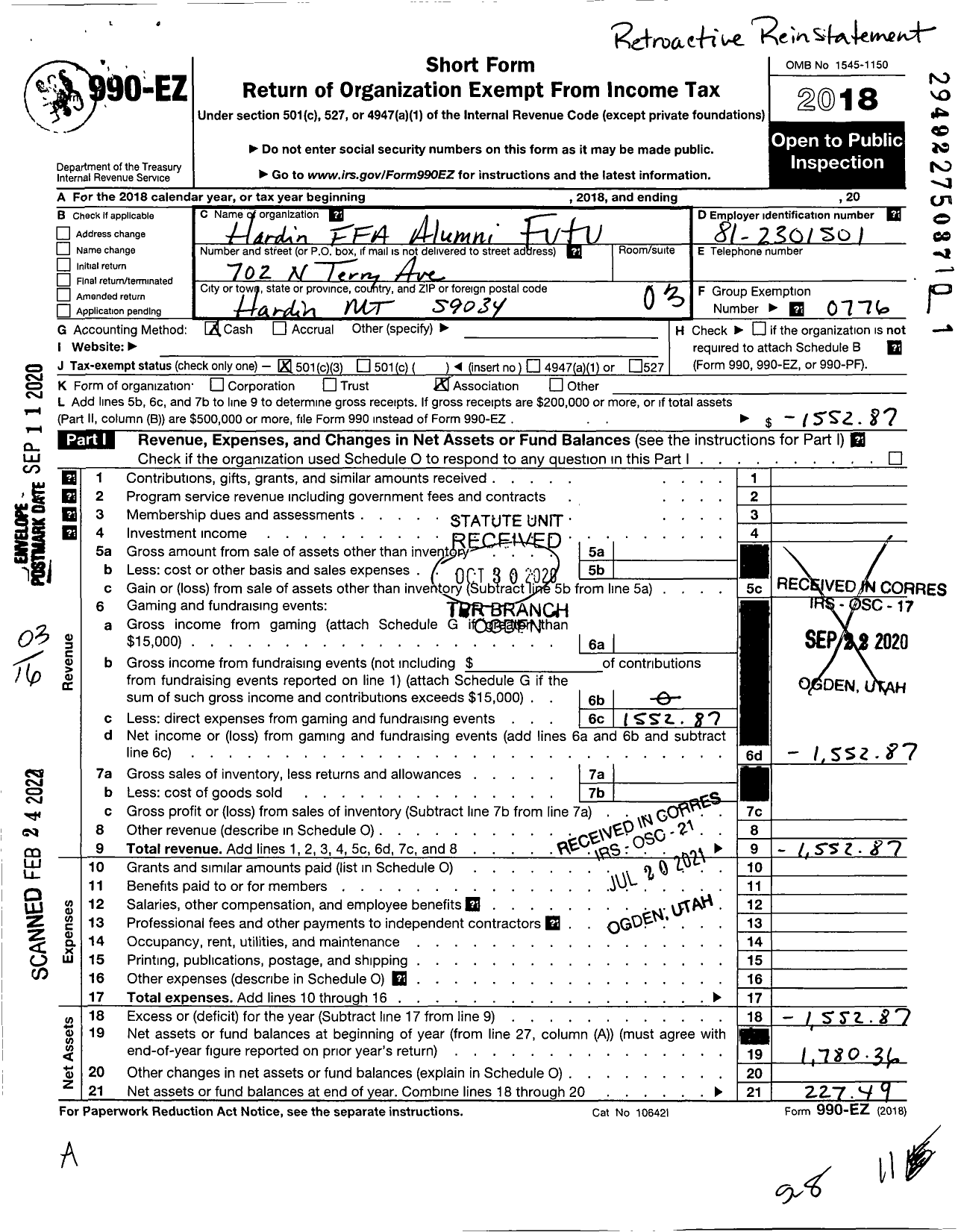 Image of first page of 2018 Form 990EZ for Future Farmers of America State Associations and Local Chapter / Mta0059 Hardin Ffa Alumni