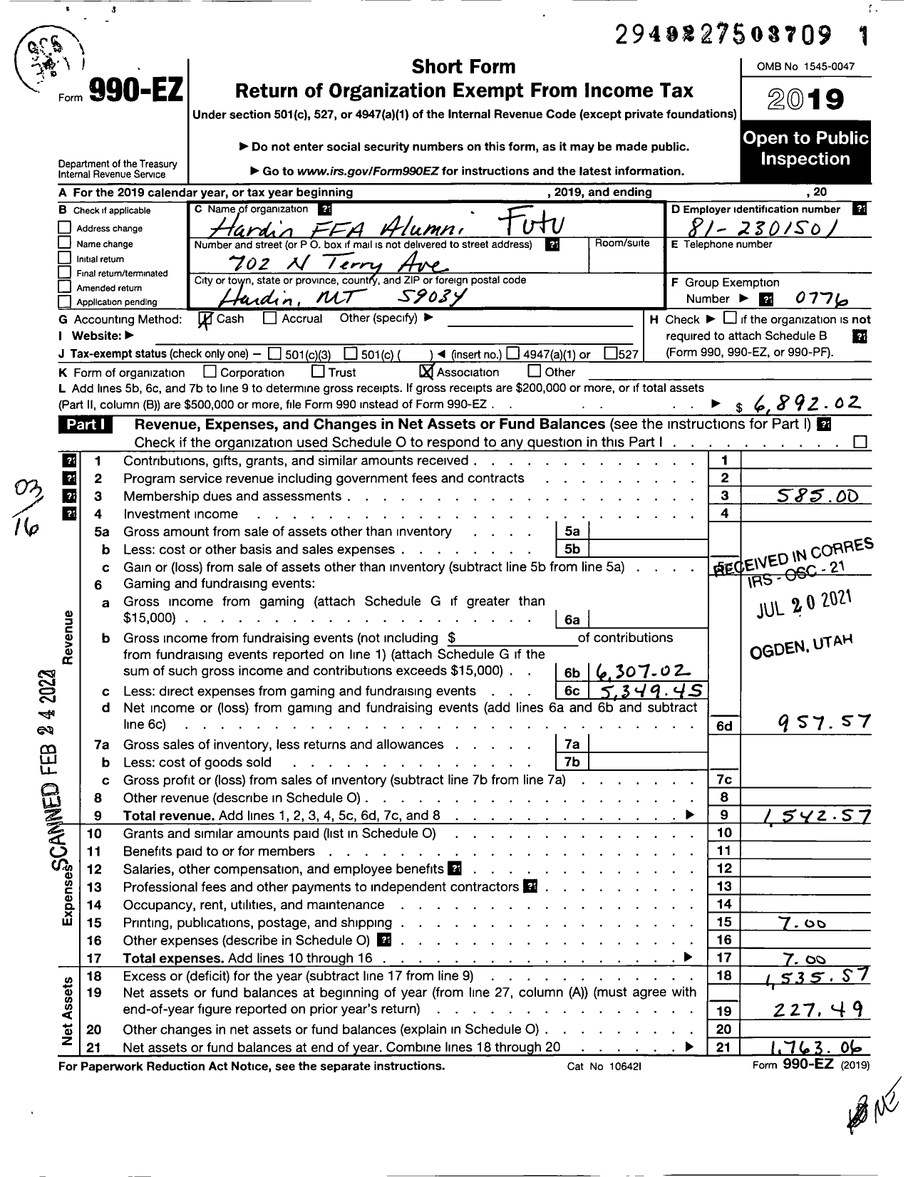 Image of first page of 2019 Form 990EZ for Future Farmers of America State Associations and Local Chapter / Mta0059 Hardin Ffa Alumni