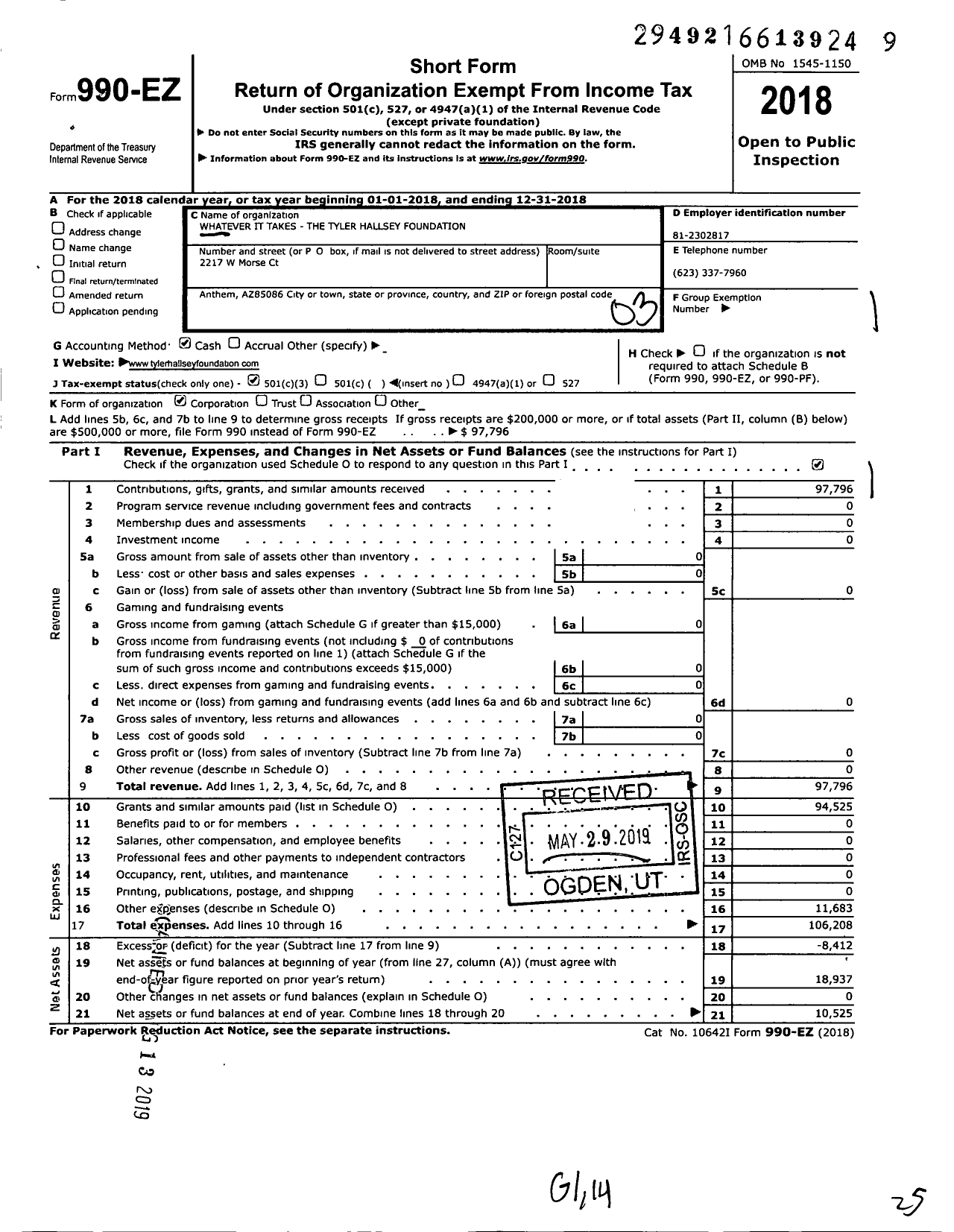 Image of first page of 2018 Form 990EZ for Whatever It Takes - The Tyler Hallsey Foundation