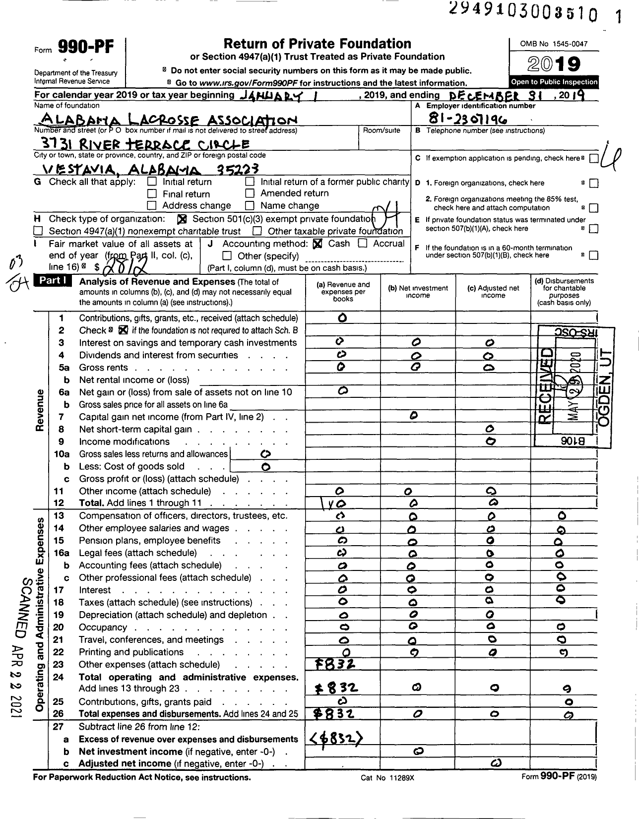 Image of first page of 2019 Form 990PF for Alabama Lacrosse Association