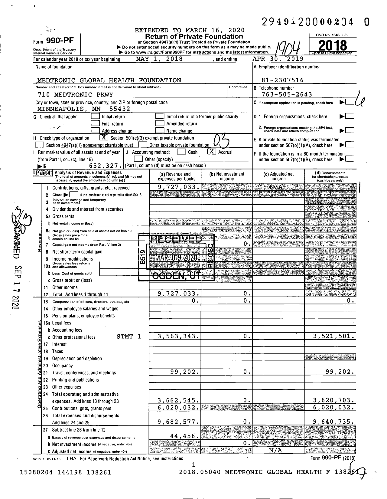 Image of first page of 2018 Form 990PR for Medtronic Global Health Foundation