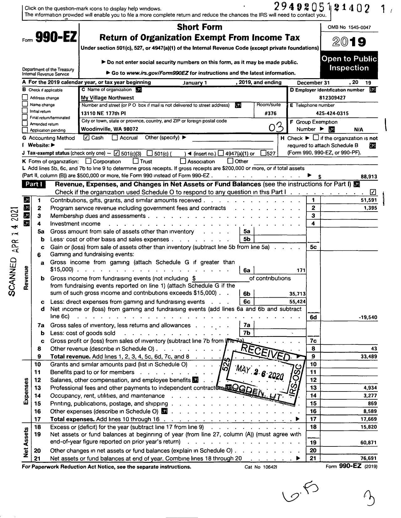 Image of first page of 2019 Form 990EZ for My Village Northwest