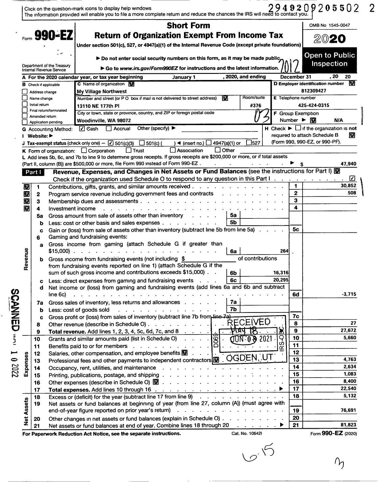 Image of first page of 2020 Form 990EZ for My Village Northwest