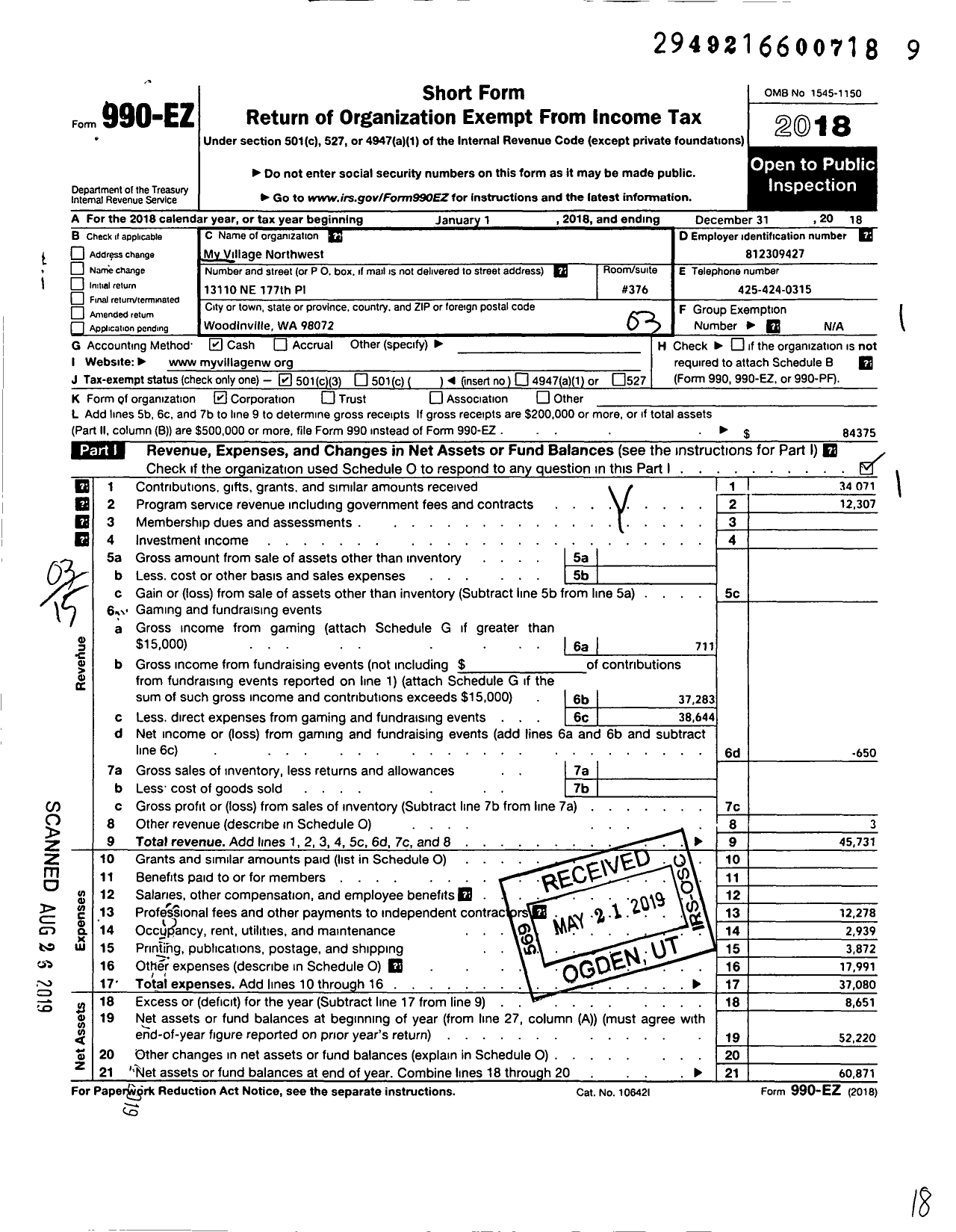 Image of first page of 2018 Form 990EZ for My Village Northwest