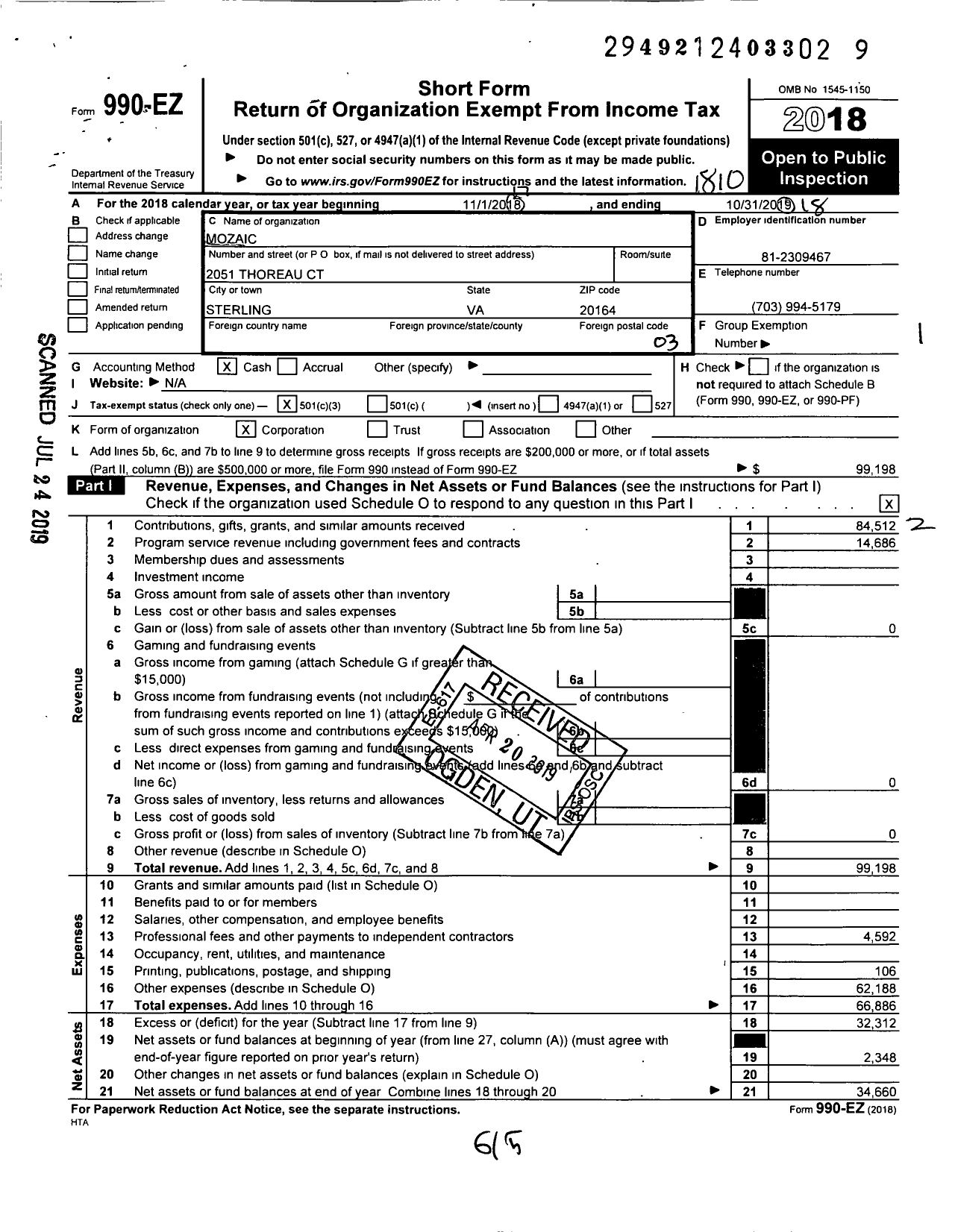 Image of first page of 2017 Form 990EZ for Mozaic