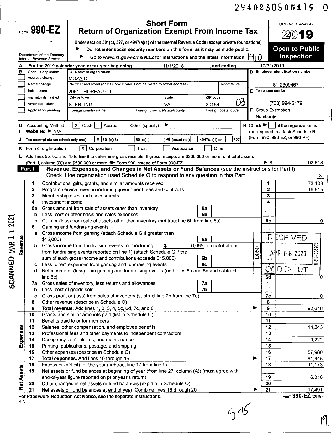 Image of first page of 2018 Form 990EZ for Mozaic