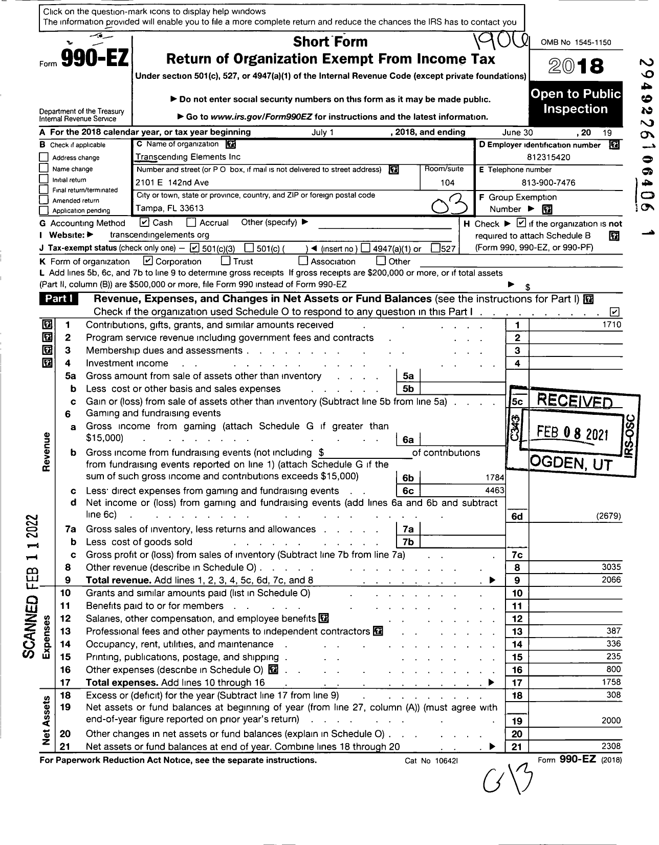 Image of first page of 2018 Form 990EZ for Transcending Elements