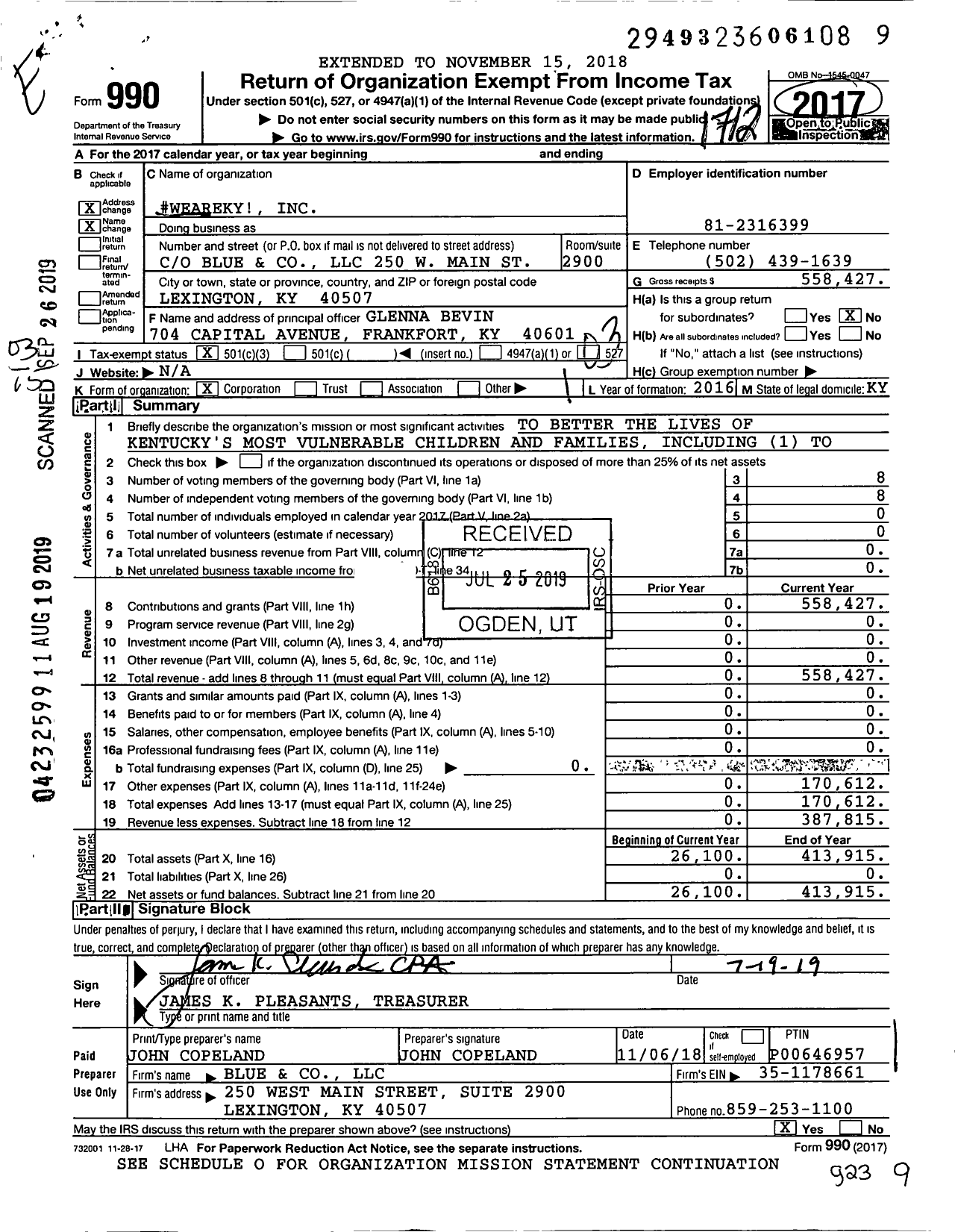 Image of first page of 2017 Form 990 for Weareky