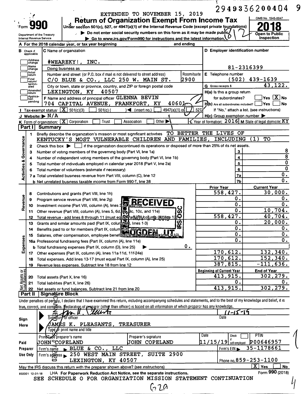 Image of first page of 2018 Form 990 for Weareky