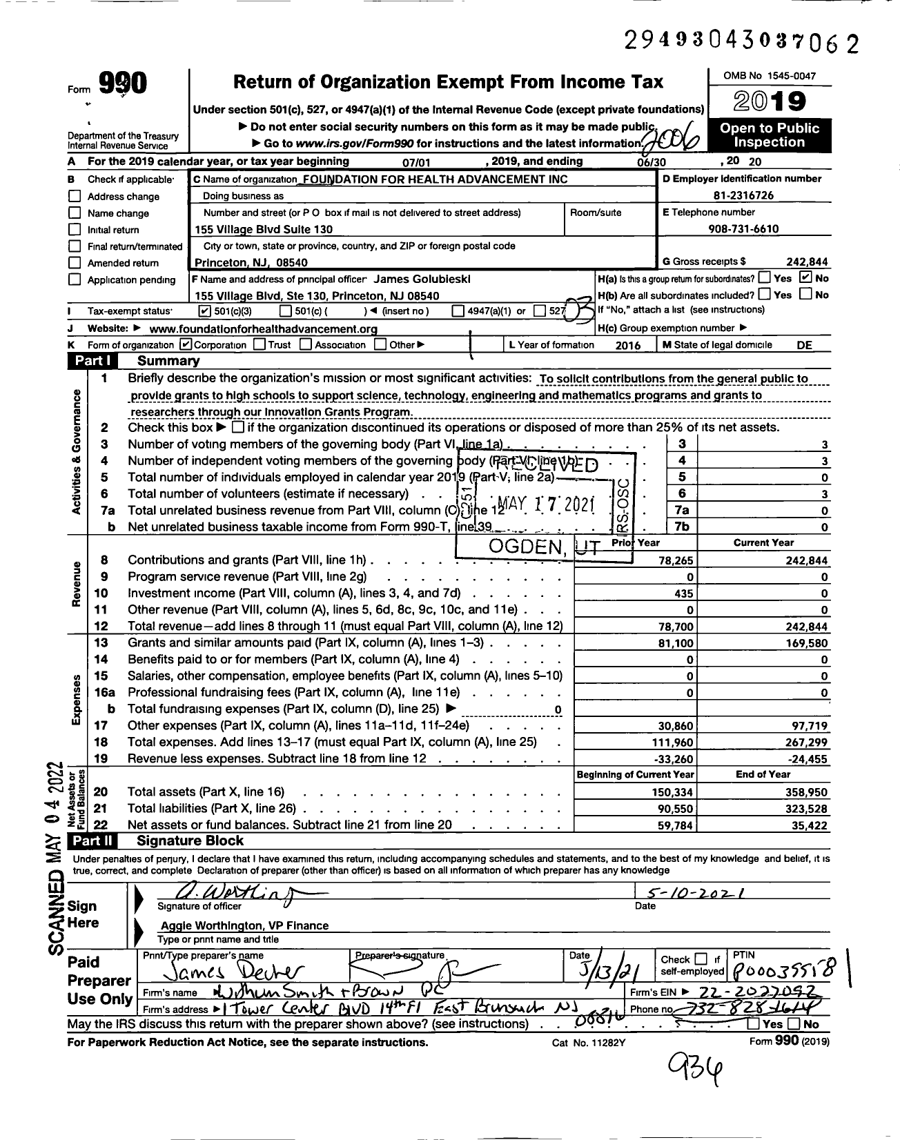 Image of first page of 2019 Form 990 for Foundation for Health Advancement