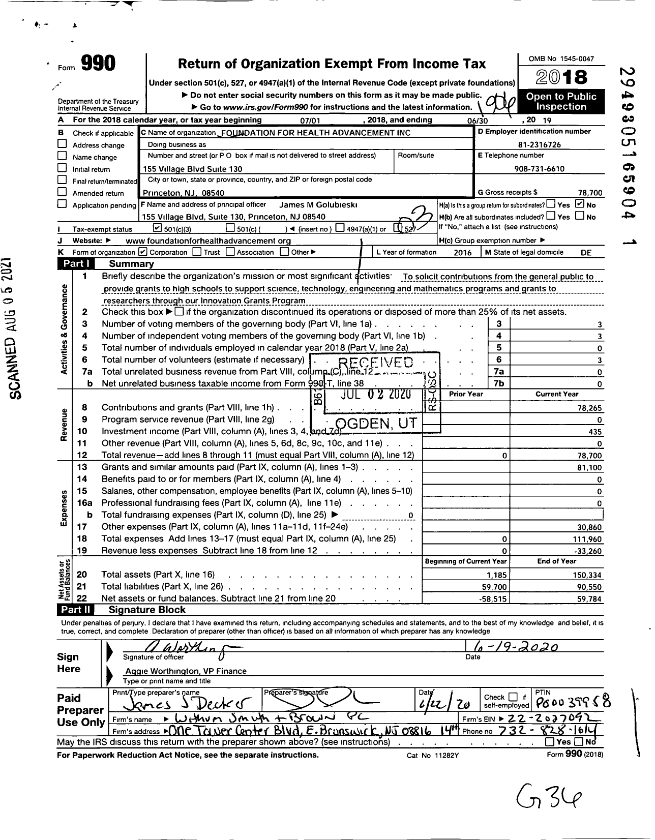 Image of first page of 2018 Form 990 for Foundation for Health Advancement