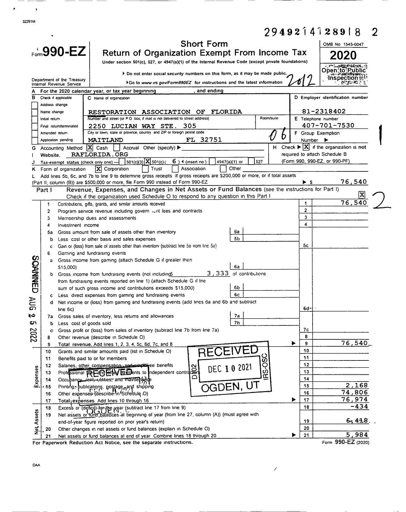 Image of first page of 2020 Form 990EO for Restoration Association of Florida