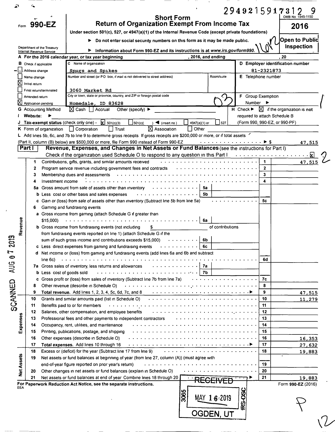 Image of first page of 2016 Form 990EZ for Spurs and Spikes