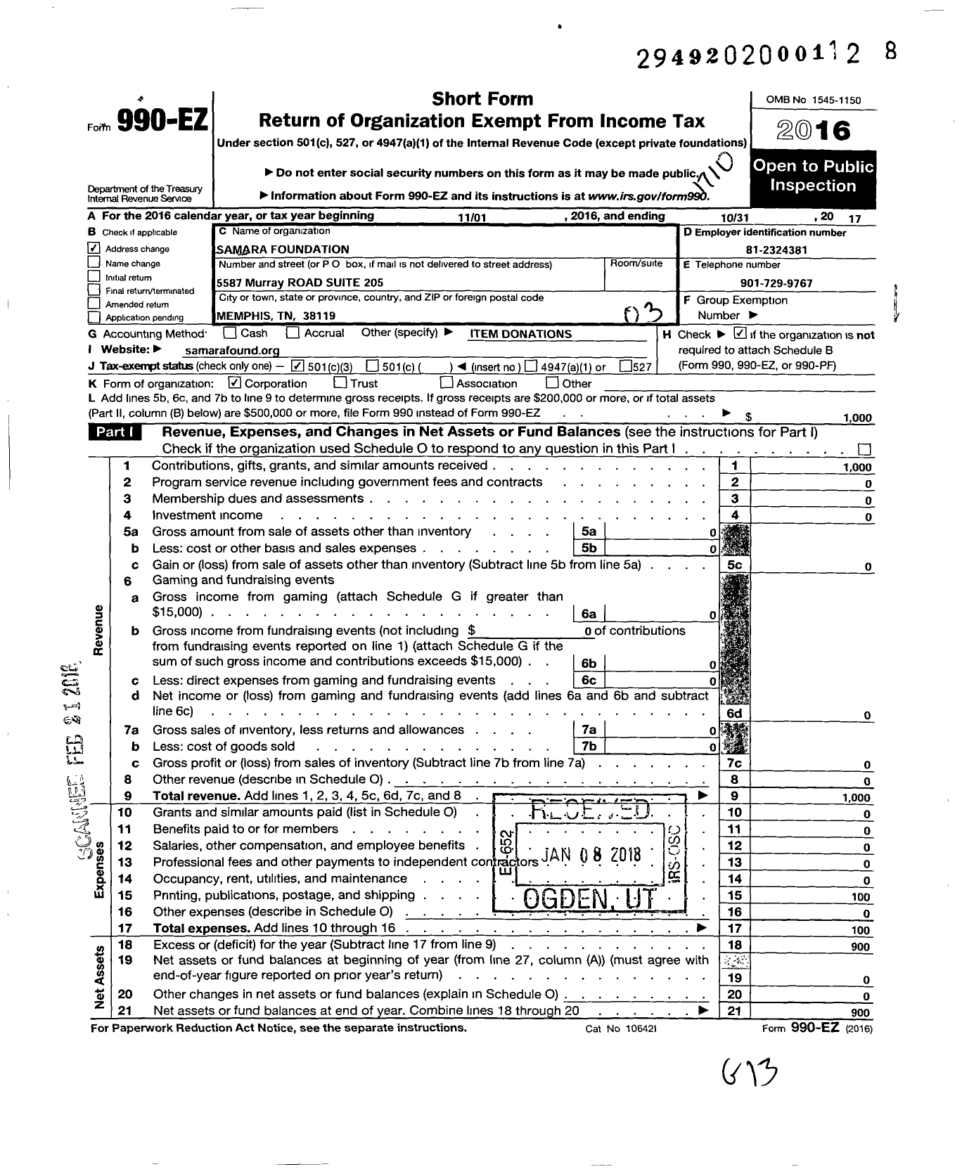 Image of first page of 2016 Form 990EZ for Samara Foundation