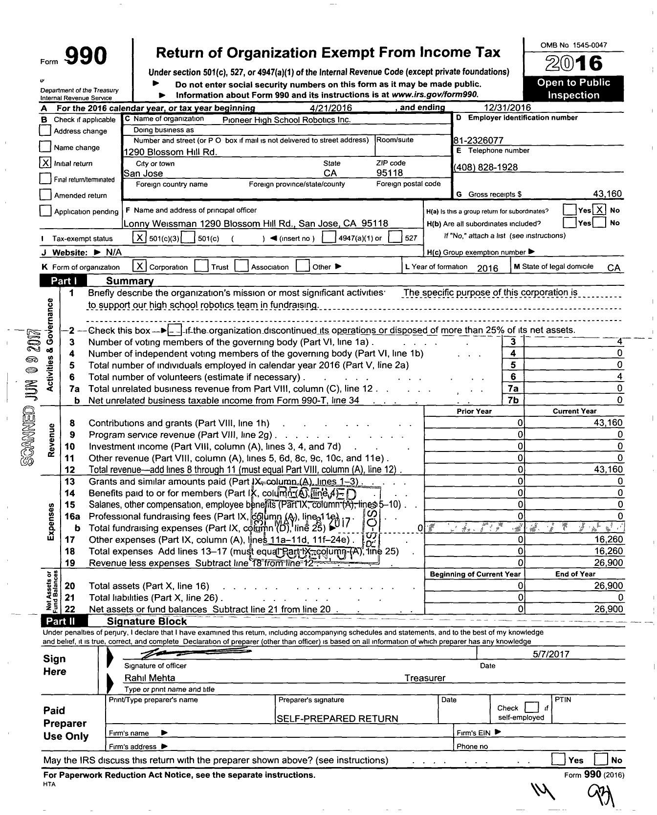 Image of first page of 2016 Form 990 for Pioneer High School Robotics