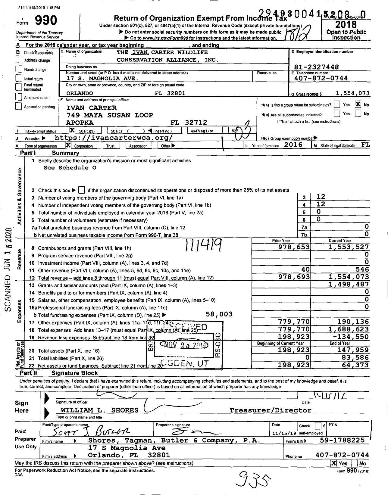 Image of first page of 2018 Form 990 for The Ivan Carter Wildlife Conservation Alliance