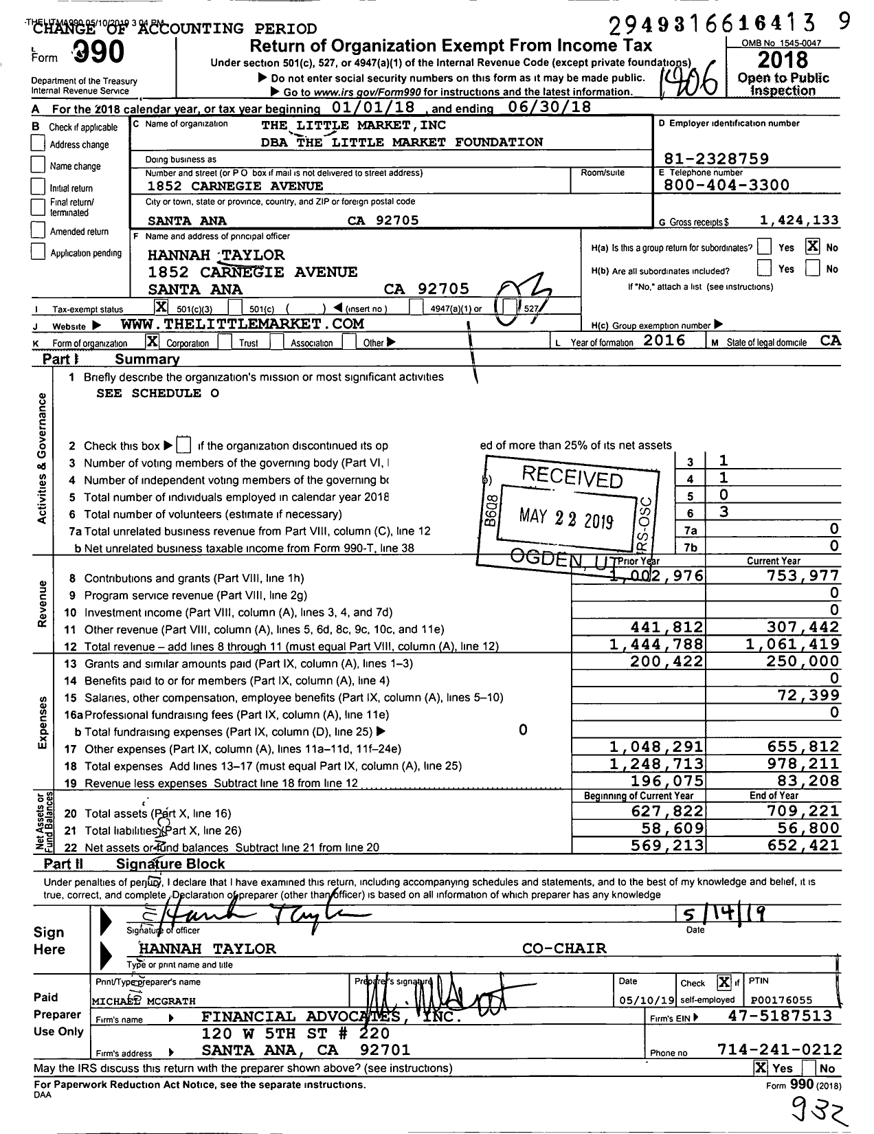 Image of first page of 2017 Form 990 for The Little Market Foundation