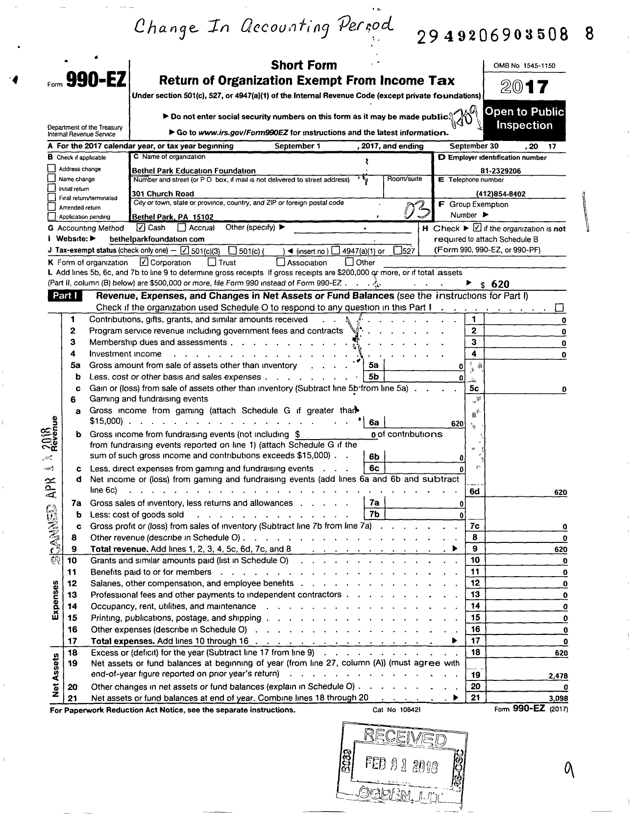 Image of first page of 2016 Form 990EZ for Bethel Park Education Foundation