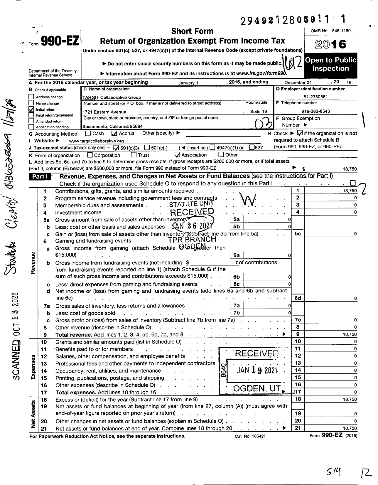 Image of first page of 2016 Form 990EZ for TARGIT Collaborative Group