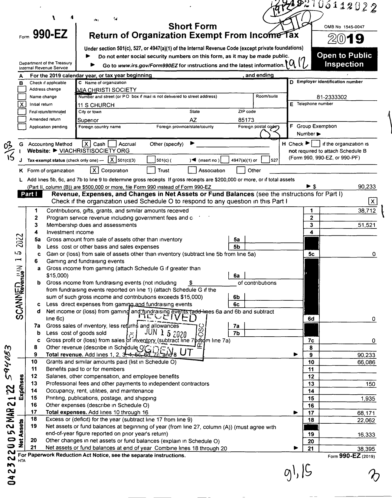 Image of first page of 2019 Form 990EZ for Via Christi Society