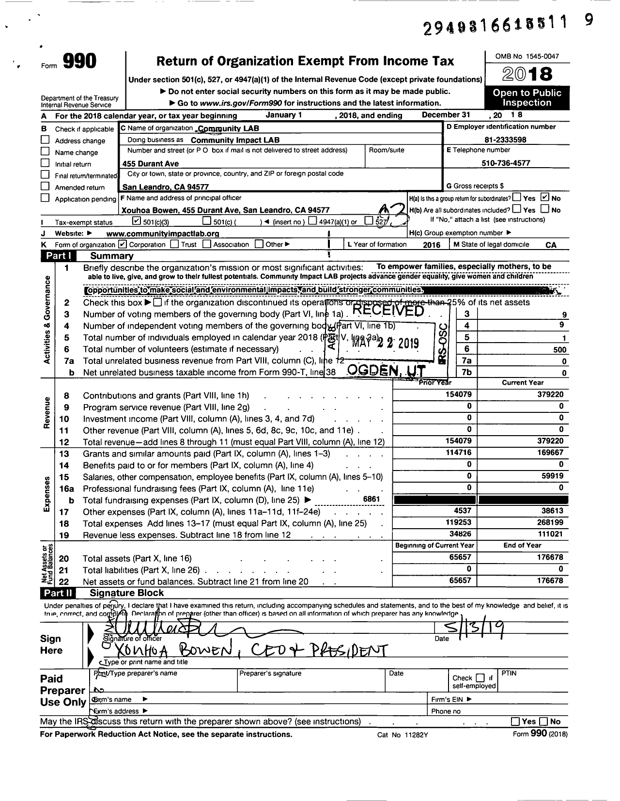 Image of first page of 2018 Form 990 for Community Impact LAB