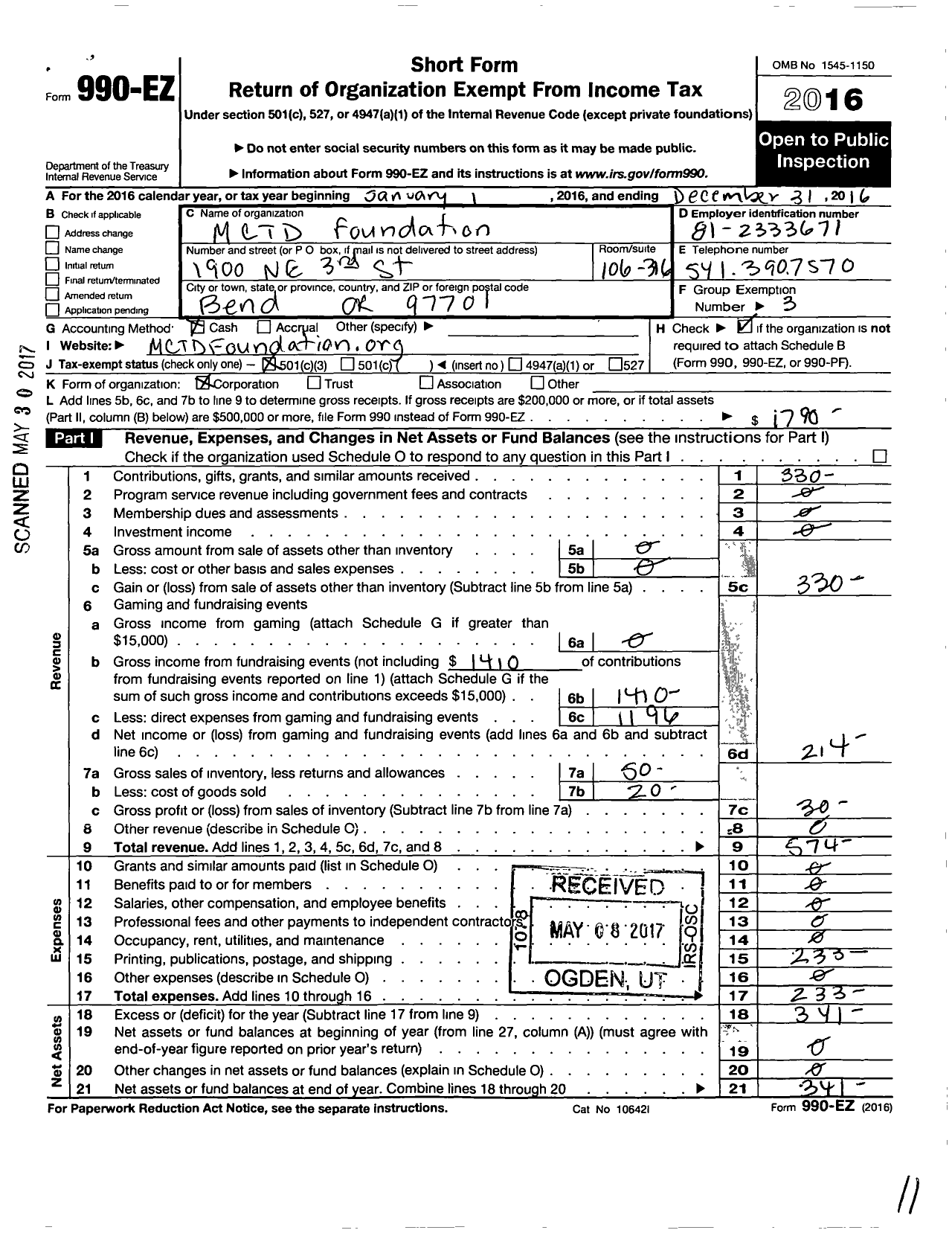 Image of first page of 2016 Form 990EZ for MCTD Foundation