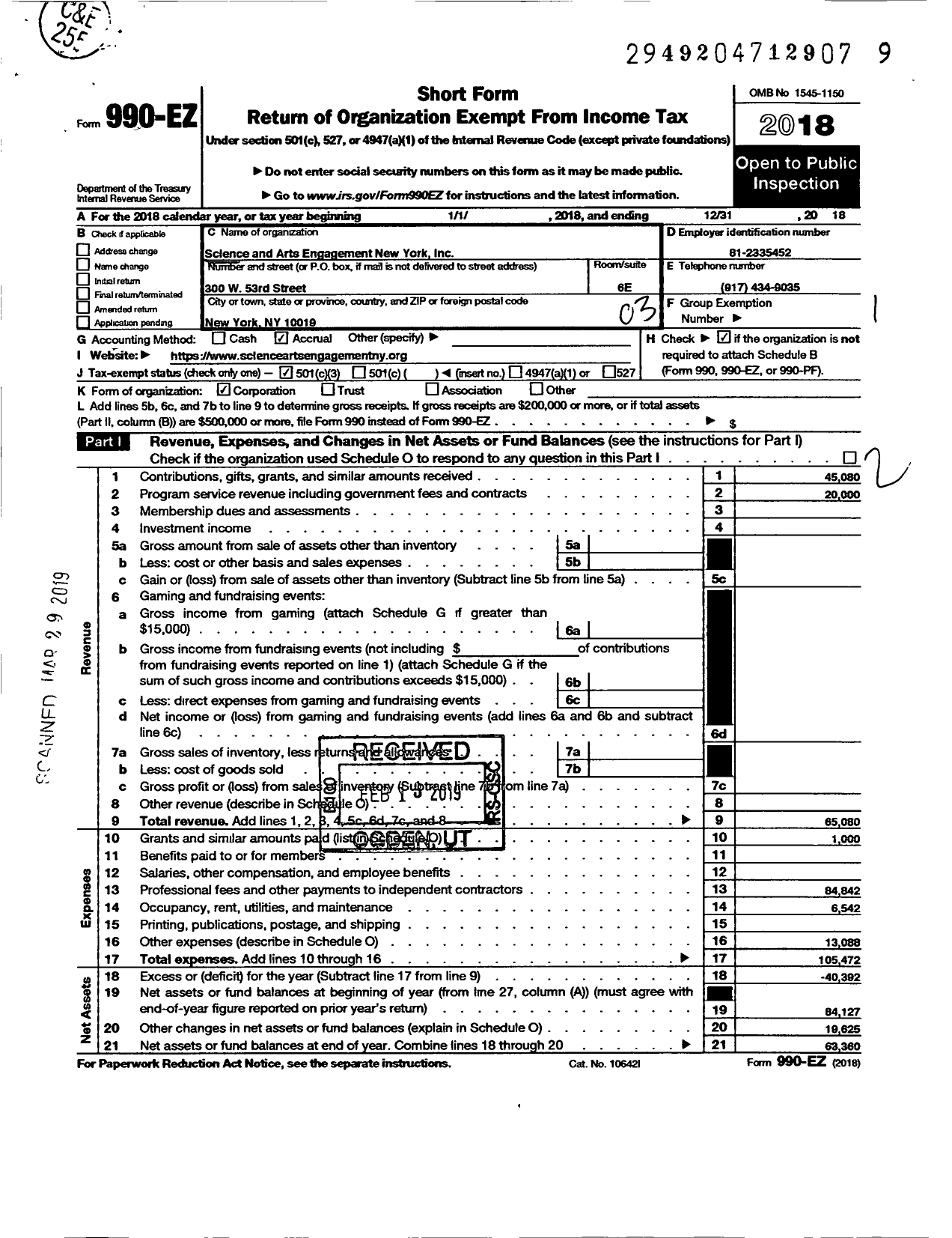 Image of first page of 2018 Form 990EZ for Science and Arts Engagement New York