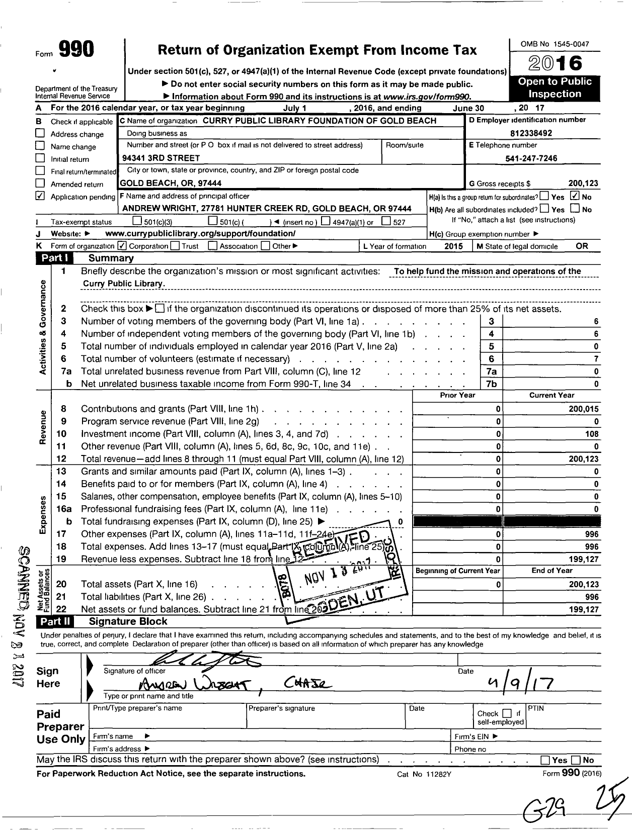 Image of first page of 2016 Form 990O for Curry Public Library Foundation of Gold Beach