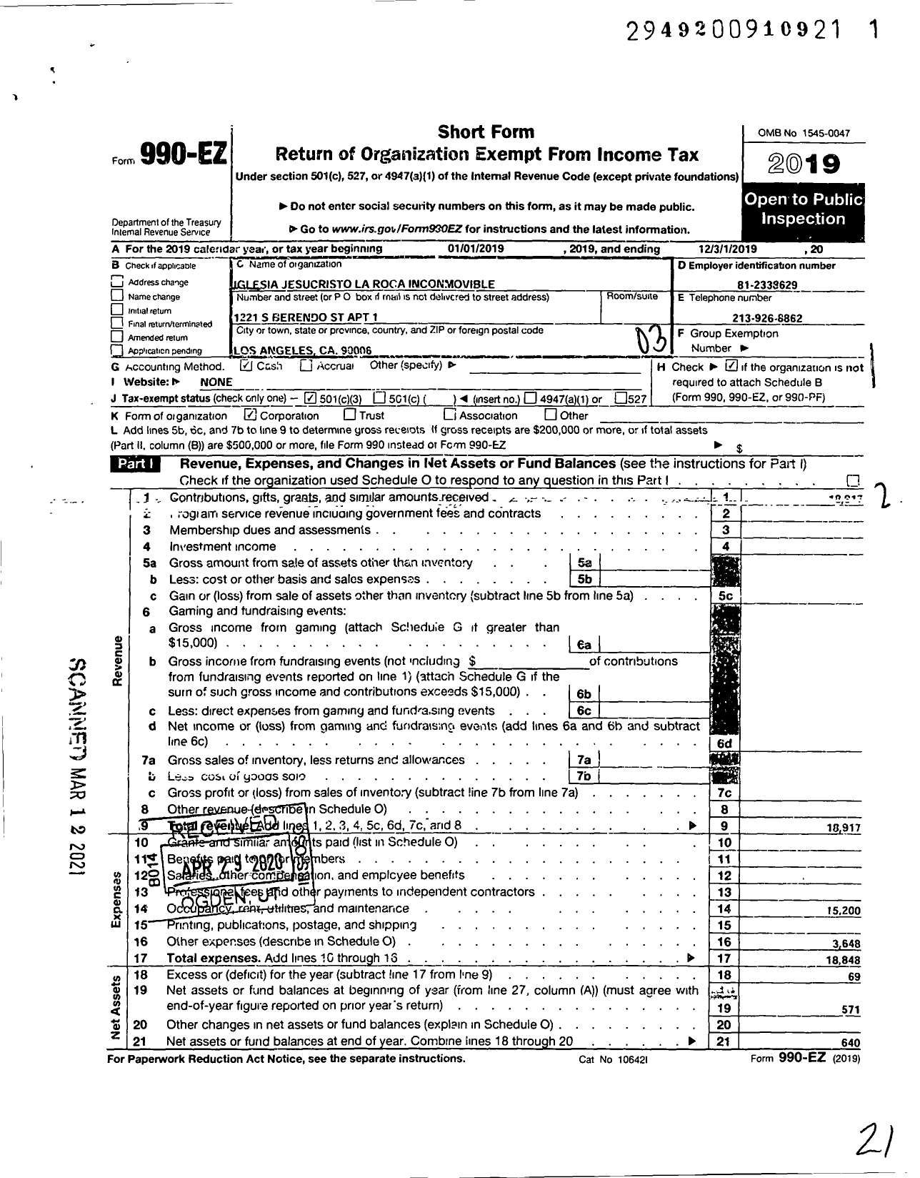 Image of first page of 2019 Form 990EZ for Iglesia de Jesucristo La Roca Inconmovible