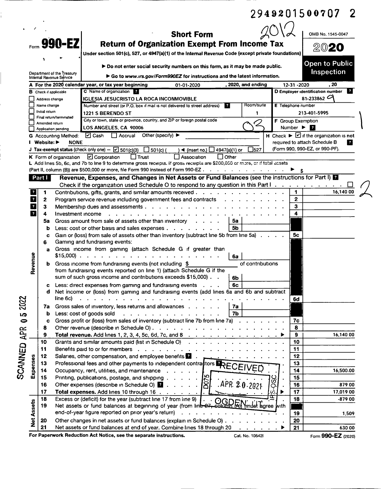 Image of first page of 2020 Form 990EZ for Iglesia de Jesucristo La Roca Inconmovible