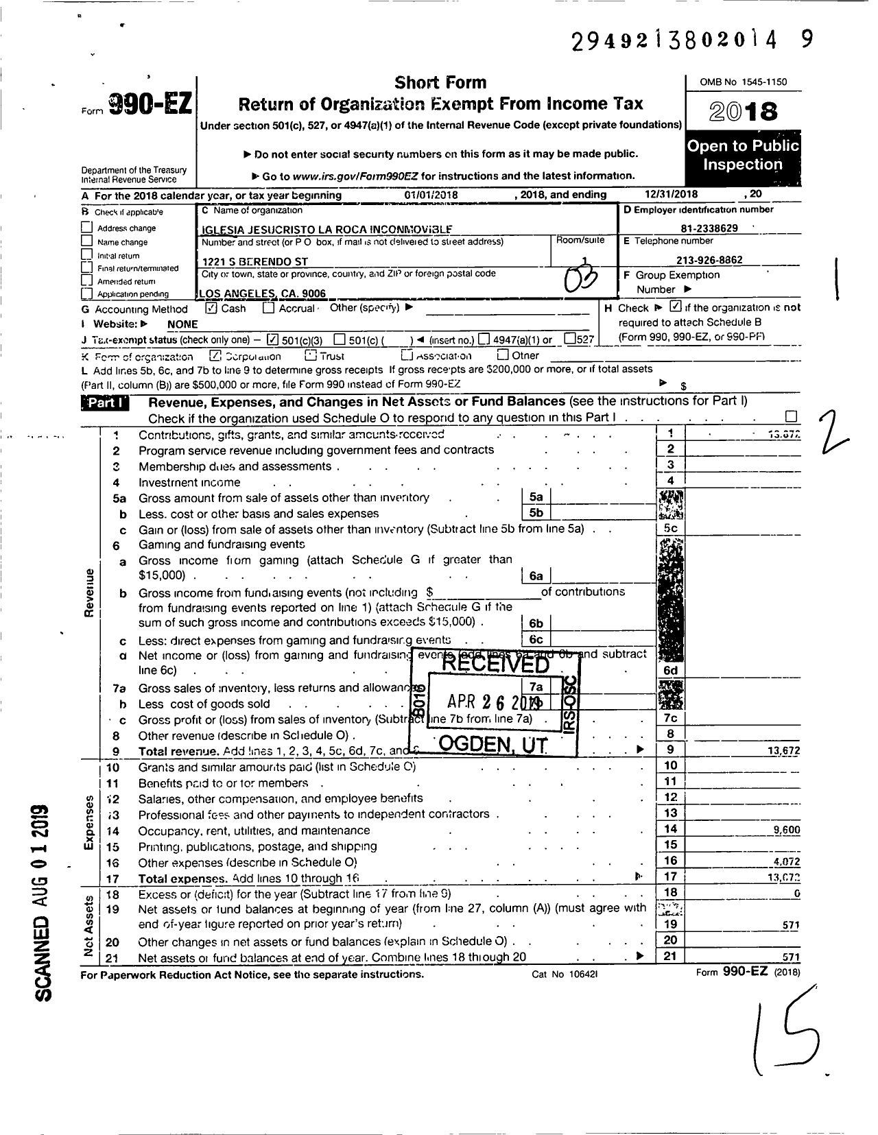 Image of first page of 2018 Form 990EZ for Iglesia de Jesucristo La Roca Inconmovible