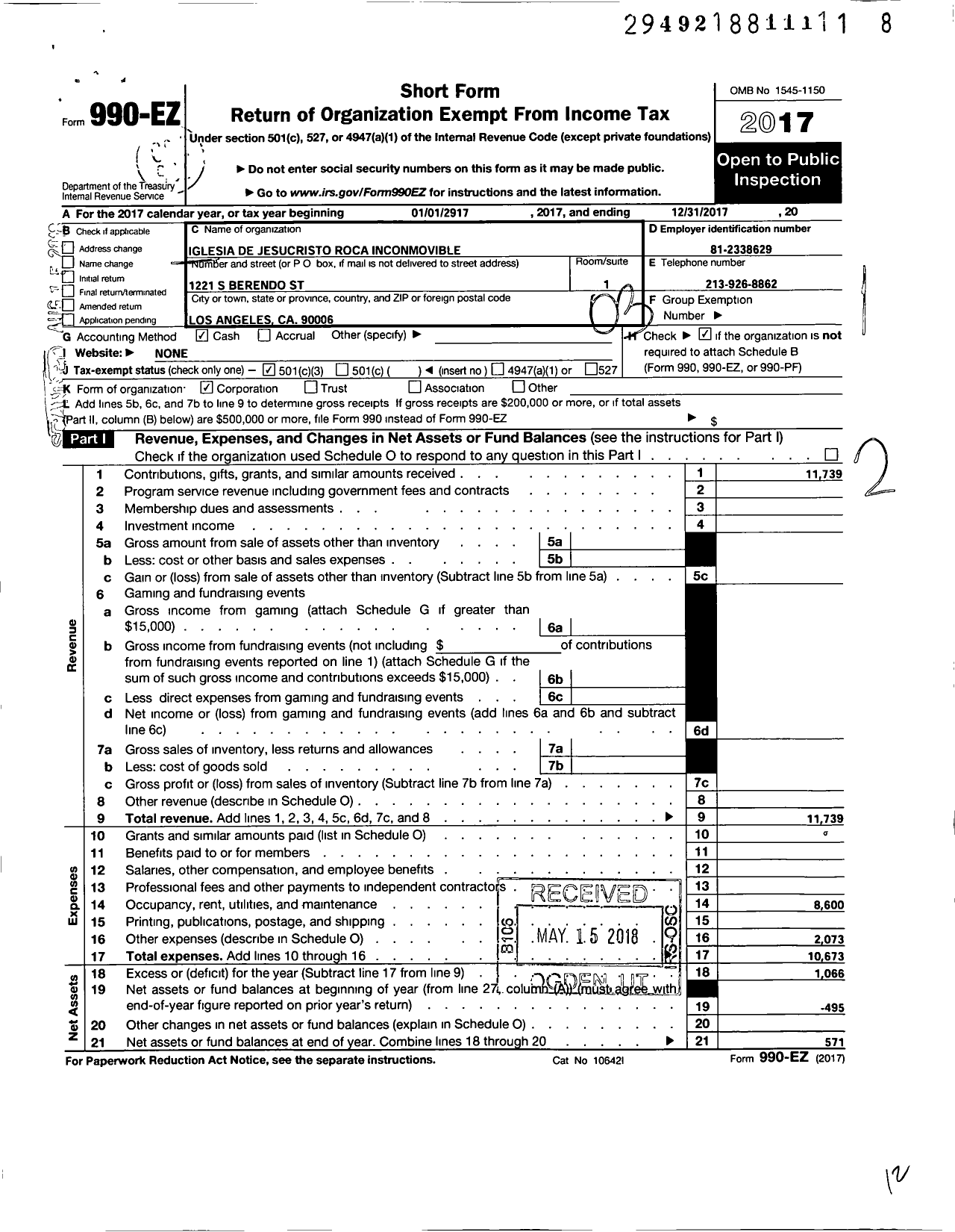 Image of first page of 2017 Form 990EZ for Iglesia de Jesucristo La Roca Inconmovible