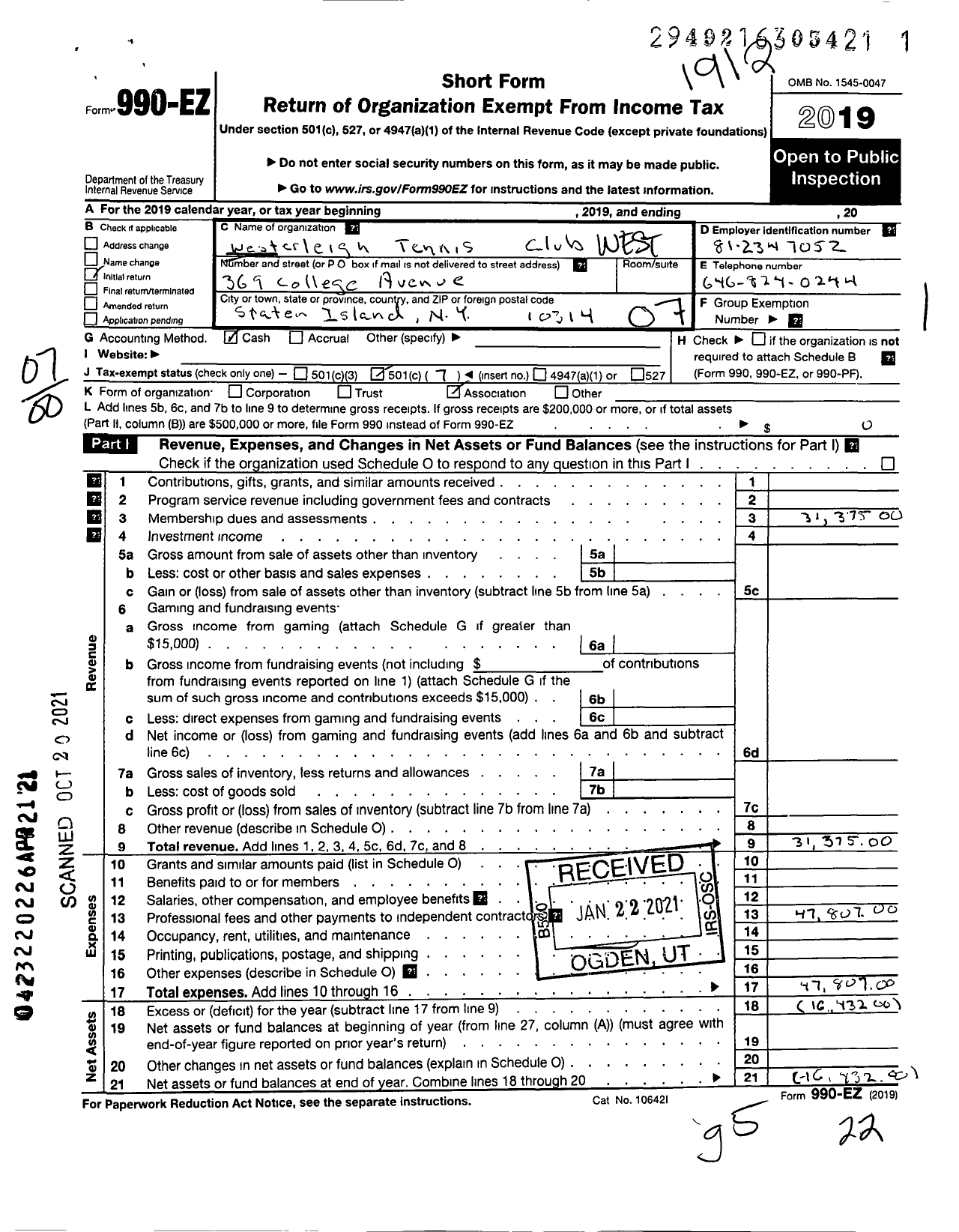 Image of first page of 2019 Form 990EO for Westerleigh Tennis Club