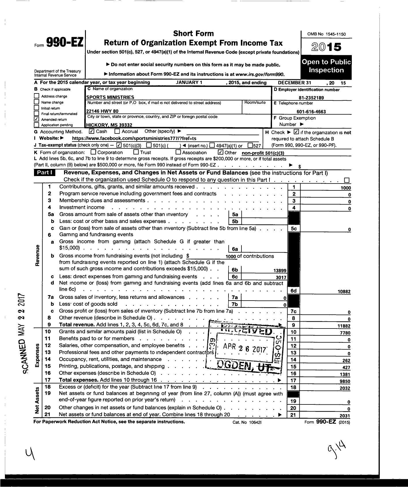 Image of first page of 2015 Form 990EZ for Sports Ministries