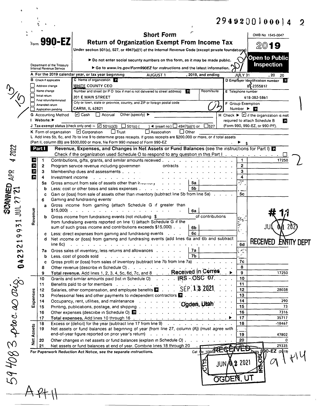 Image of first page of 2019 Form 990EZ for White County CEO