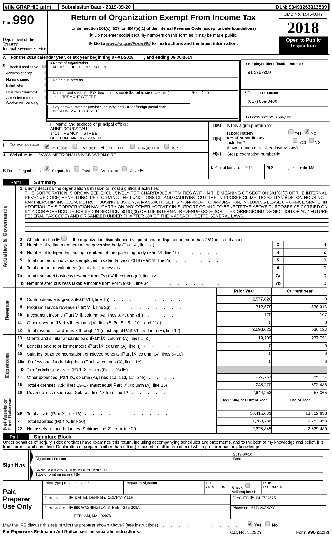 Image of first page of 2018 Form 990 for MBHP Office Corporation