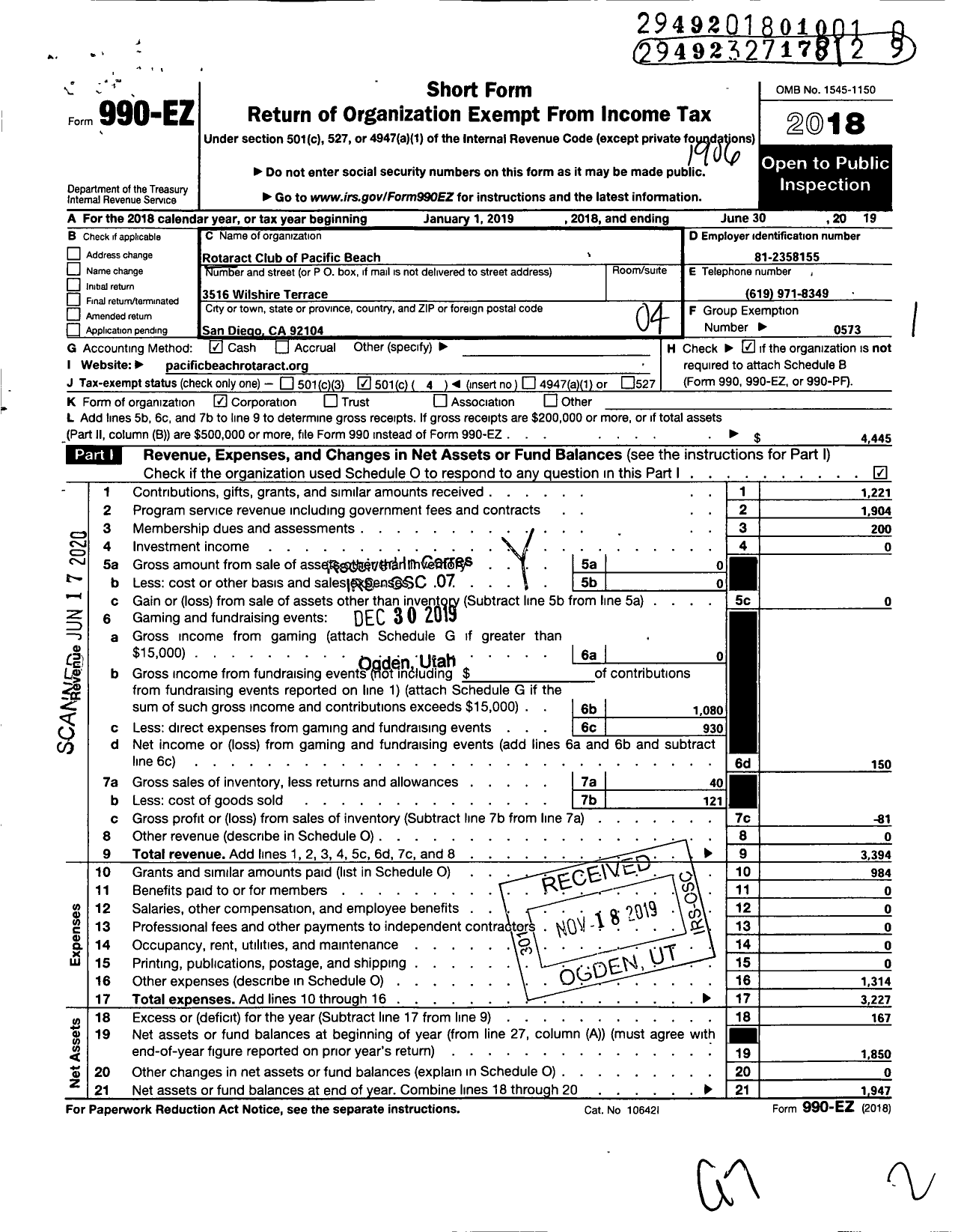 Image of first page of 2018 Form 990EO for Rotary International