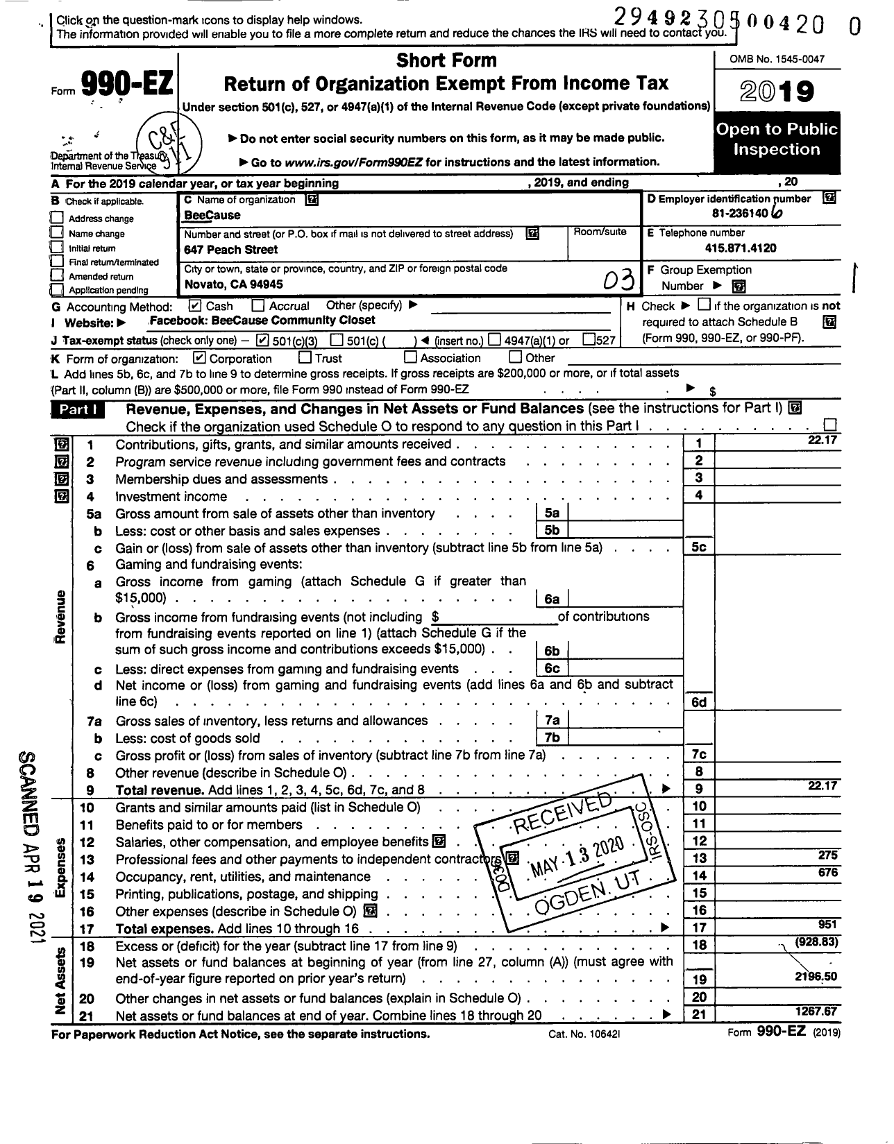 Image of first page of 2019 Form 990EZ for Beecause