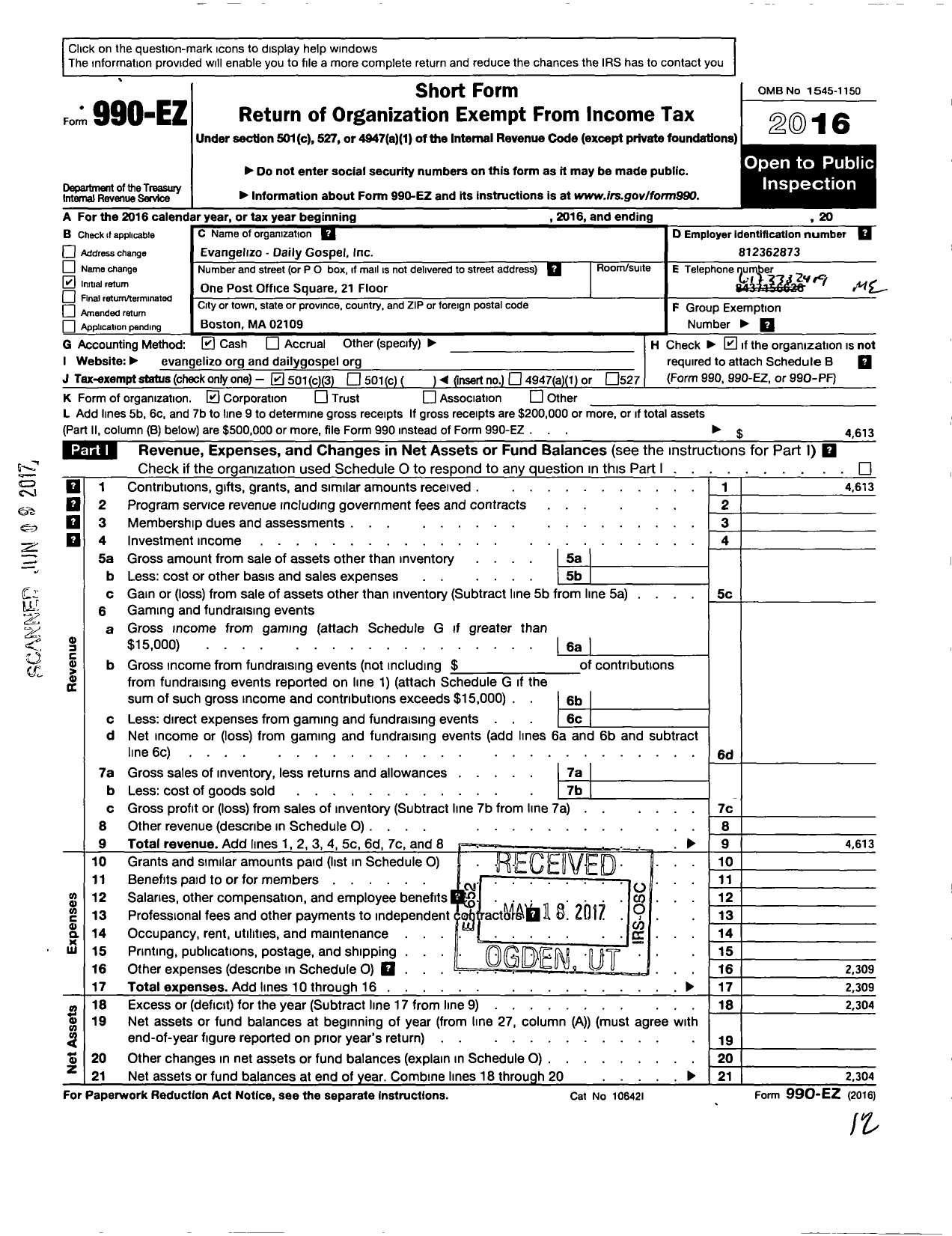 Image of first page of 2016 Form 990EZ for Evangelizo - Daily Gospel